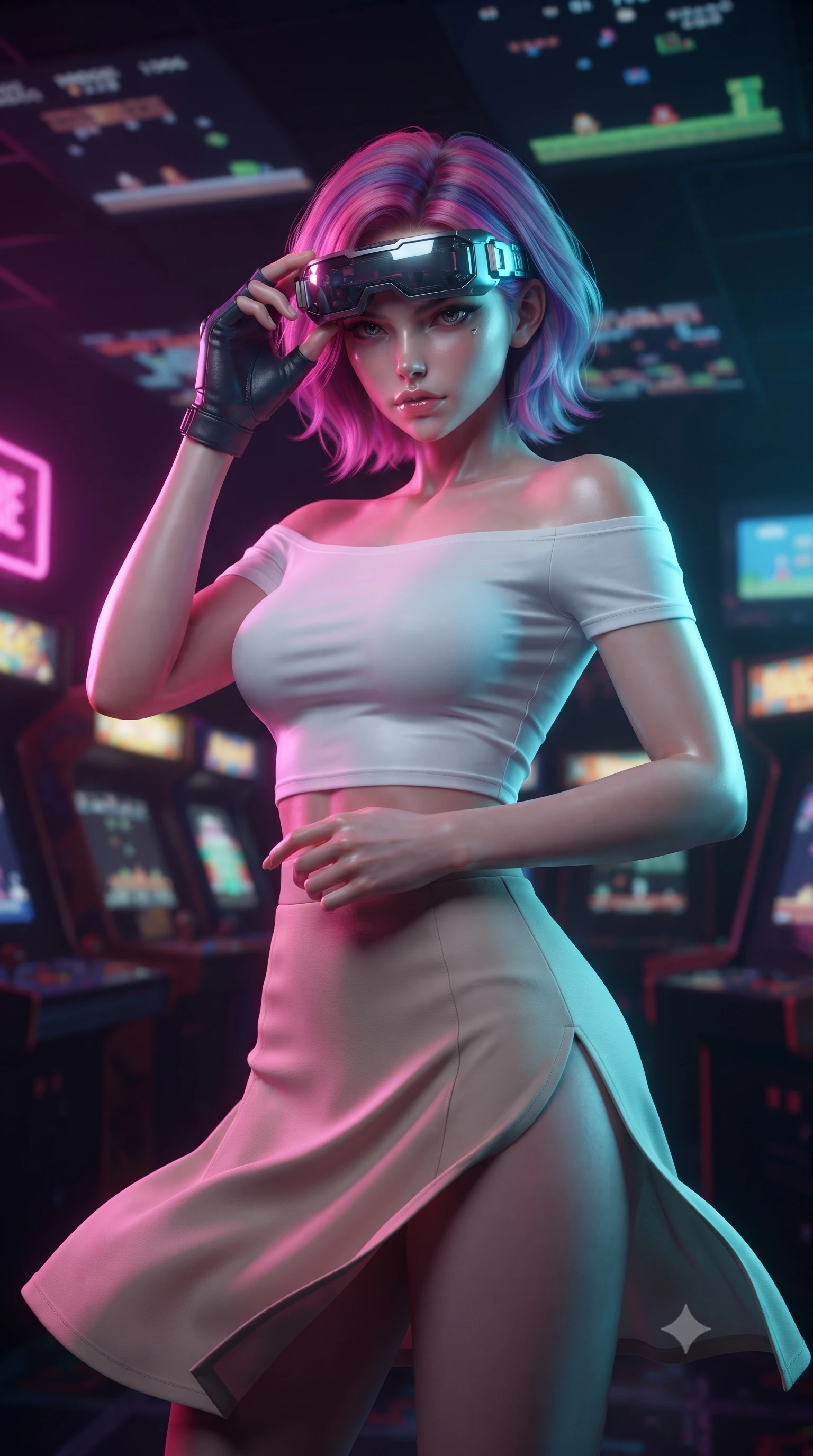 score_9, masterpiece, best quality, ultra-detailed, high-budget anime keyframe, editorial fashion photography, tasteful artistic composition, realistic cosplay photography, Caucasian woman, strictly human ears. close-up cowboy shot from the waist and thighs up, the character dominates the composition, filling the frame with her large presence, background elements kept in soft focus. Adjusting her tactical visor with one hand, eyes narrowed in sharp concentration at the target. set against a soft-focus background of a dark room filled with retro-futuristic arcade cabinets, glowing screens projecting pixel graphics on the ceiling. She has an exceptionally elegant and slender, willowy female figure with an ultra-slim waist, a gracefully sculpted slender torso, and a refined slim physique. sharp v-shaped jawline, high-bridge nose, intricate jewel-like eyes with depth, thick eyelashes, glossy lips with a natural sheen. wearing the lightweight fabric rippling and billowing dramatically with her movement, a form-contouring white off-shoulder crop top paired with a high-waisted beige tech-skirt featuring a high side slit. dual-tone lighting with hot magenta from the left and cool cyan from the right. ultra-reflective glossy finish, specular highlights, metallic sheen, high-contrast stereoscopic depth, volumetric dynamic lighting, 2k, ultra detail, master piece, 9:16 ratio