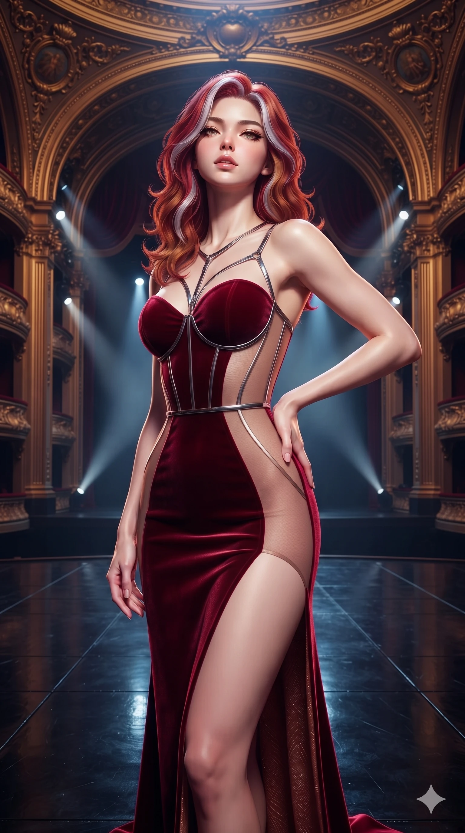 score_9, masterpiece, best quality, ultra-detailed, high-budget anime keyframe, semi-realistic 3D game render, editorial fashion photography, tasteful artistic composition, Caucasian woman. close-up cowboy shot from the waist and thighs up, the character dominates the composition, filling the frame with her large presence. tilting her chin up with proud, sovereign allure while gazing through thick eyelashes, one hand resting on her waist in pure supermodel charisma while standing poised at the center of the dark lacquered stage beneath monumental gilded proscenium arches, arching her back with sovereign diva charisma as theatrical spotlights converge. The surrounding environment is rendered in vivid detail and crisp panoramic clarity: detailed anime keyframe lines, rich fabric textures, and monumental royal opera architecture in razor-sharp precision. She has an exceptionally elegant, slender, and willowy female figure with an ultra-slim waist, flat toned midriff, narrow ribcage, and sculpted feminine hips creating an alluring, slim hourglass silhouette without bulk. sharp v-shaped jawline, high-bridge nose, intricate jewel-like eyes with depth, thick eyelashes, glossy parted lips with a natural sheen, intensely captivating and seductive bedroom-eyes expression, flawlessly proportioned anatomical accuracy, strict slender model proportions, natural body alignment, perfectly sculpted long slender limbs, ultra-slim waistline, clean dynamic posture without body distortion. wearing a form-fitting corseted satin bustier evening gown with sheer side waist panels and dramatic leg slit in royal crimson velvet and burnished gold, featuring strategic sheer-illusion tulle side panels framing her ribcage and hips, accented with a chrome-drop body harness subtly framing her dewy collarbones and spine, the bespoke structured tailoring following the natural line of her 8.5-heads silhouette with refined elegance. highly saturated vibrant anime colors, dramatic stage rim lights sculpting her razor-sharp jawline and feminine curves. highly saturated vibrant anime colors, detailed shading with soft gradients, rich glossy textures, high-contrast stereoscopic depth, volumetric dynamic lighting, master piece, 9:16 ratio
