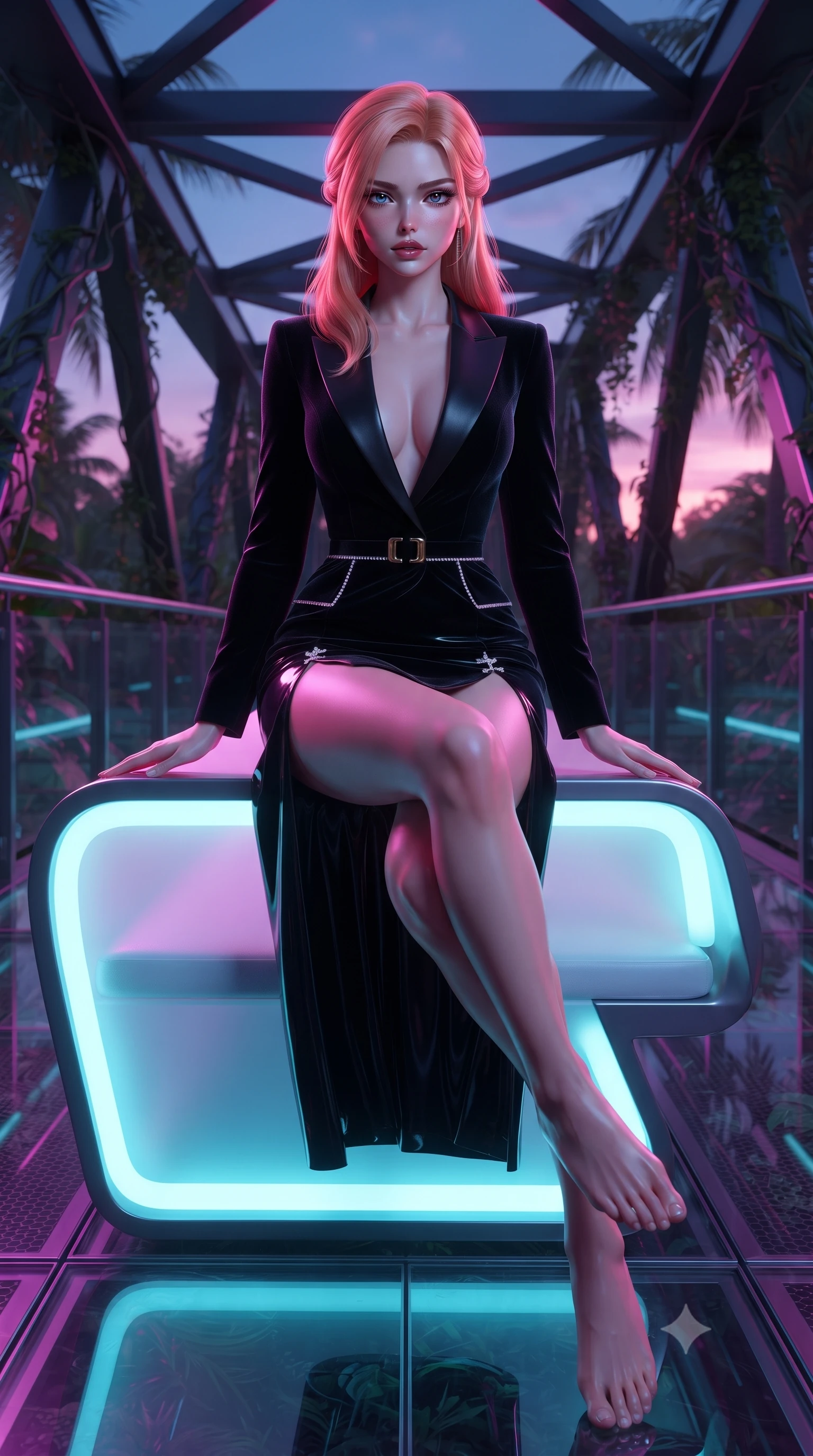 score_9, masterpiece, best quality, ultra-detailed, high-budget anime keyframe, editorial fashion photography, tasteful artistic composition, Japanese woman. low angle full-body shot from head to toe showing her feet, filling the entire 9:16 vertical frame with her statuesque presence, stretching her vertical silhouette. sitting perched on the elevated edge with hips angled toward the camera and legs crossed, displaying her toned midriff and flawlessly sculpted slender limbs while reclining on a sleek luminescent outdoor bench along the aerial walkway, her long slender legs and curvy hips sculpted by vibrant tropical neon light. The surrounding environment is rendered in vivid detail and crisp panoramic clarity. sharp carbon-fiber skyway trusses, transparent acrylic floor seams, and biomimetic vine textures in deep focus. She has an exceptionally tall and slender model-like 8.5-heads proportion, an ultra-slim waist, a flat toned midriff, narrow delicate ribcage, and beautifully sculpted feminine hips creating a graceful, slim hourglass silhouette without any bulky heaviness, with impossibly long slender legs. sharp v-shaped jawline, high-bridge nose, intricate jewel-like eyes with depth, thick eyelashes, glossy parted lips with a natural sheen, intensely captivating and seductive bedroom-eyes expression, flawlessly proportioned anatomical accuracy, strict slender model proportions, natural body alignment, perfectly sculpted long slender limbs, ultra-slim waistline, clean dynamic posture without body distortion. wearing a tailored velvet tuxedo jacket dress with satin lapels, worn with a deep plunge neckline and gold hip buckle in pitch-black velvet with diamond crystal trim, tailored from second-skin aerodynamic stretch vinyl with specular wet sheen, finished with an ultra-high side slit secured by miniature jeweled clasps, the glove-like aerodynamic silhouette tightly following the natural contour of her hips and long slender legs with statuesque 8.5-heads elegance. bathed in rich magenta and cyan bioluminescent light contrasting with warm tropical ambient twilight. ultra-reflective glossy finish, specular highlights, rich textural contrasts, high-contrast stereoscopic depth, volumetric dynamic lighting, 2k, ultra detail, master piece, 9:16 ratio