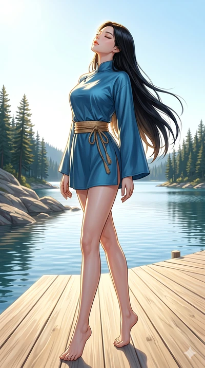 score_9, masterpiece, best quality, ultra-detailed, high-budget anime keyframe, editorial fashion photography, tasteful artistic composition, Korean woman. low angle full-body shot from head to toe showing her feet, filling the entire 9:16 vertical f