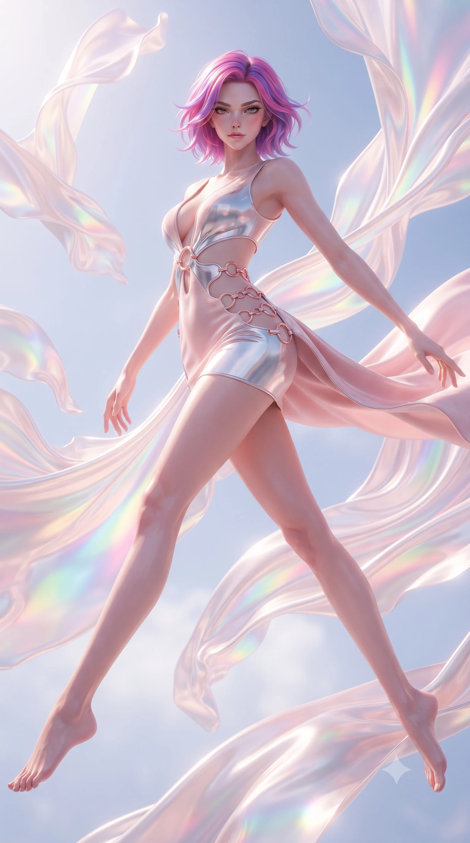 score_9, masterpiece, best quality, ultra-detailed, high-budget anime keyframe, editorial fashion photography, tasteful artistic composition, Caucasian woman. low angle full-body shot from head to toe showing her feet, filling the entire 9:16 vertical frame with her statuesque presence, stretching her vertical silhouette. leaping dynamically through the luminous sky, her posture full of power and elegance, navigating a spatial void filled with suspended liquid silk sculptures, soft diffused key light wrapping gently around her athletic slender figure. She has an absolutely perfect, statuesque 8.5-heads proportion, an exceptionally tall and slender model-like female figure with impossibly long slender legs and an ultra-slim waist. sharp v-shaped jawline, high-bridge nose, intricate jewel-like eyes with depth, thick eyelashes, glossy lips with a natural sheen. wearing dramatic open-waist cutout mini dress in opal velvet framed by chrome hardware in soft blush pink, made of sculpted platinum chrome, trimmed with rose-gold ring hardware along the waist contours, accentuating her gracefully sculpted slender torso. illuminated by soft multi-color rainbow light refracting through opal silk. highly saturated vibrant anime colors, detailed shading with soft gradients, rich glossy textures, high-contrast stereoscopic depth, volumetric dynamic lighting, master piece, 9:16 ratio