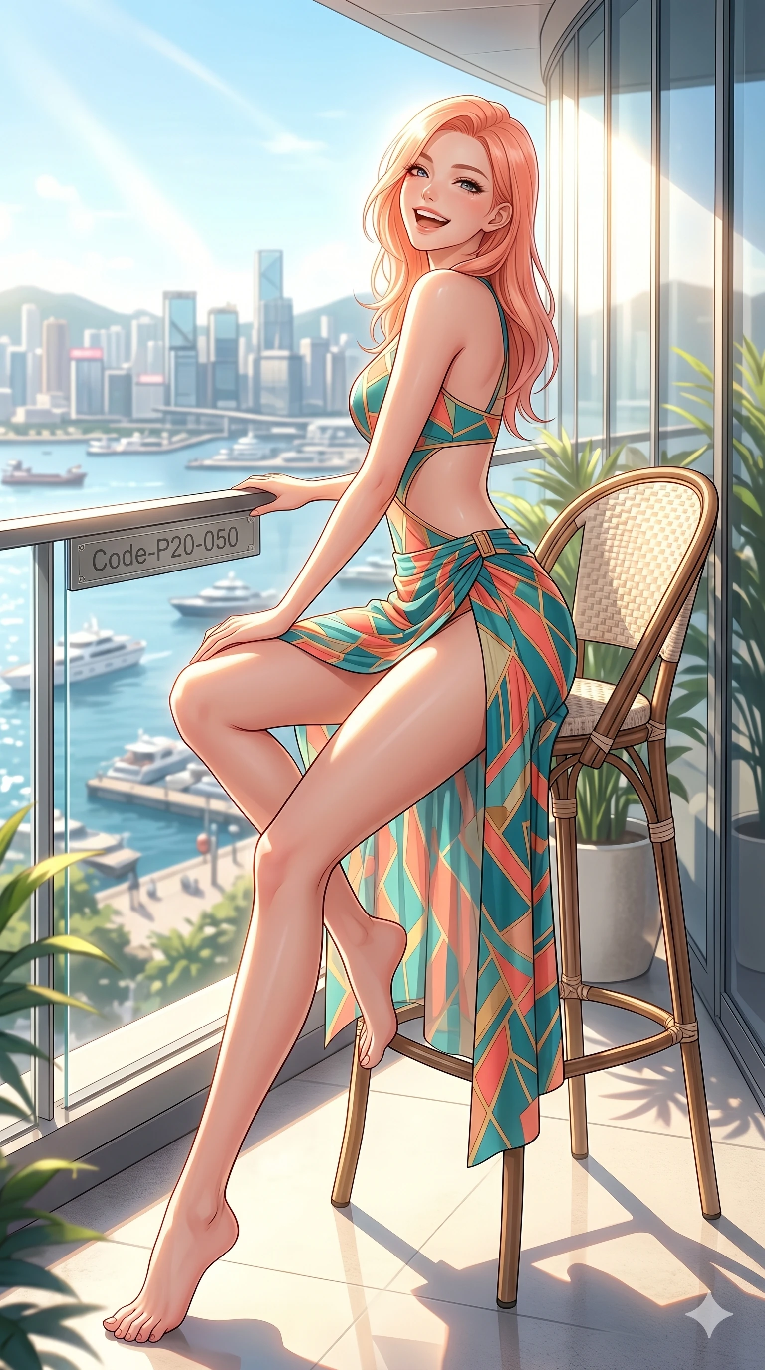 score_9, masterpiece, best quality, ultra-detailed, high-budget anime keyframe, vibrant anime aesthetic, Japanese woman. low angle full-body shot from head to toe showing her feet, filling the entire 9:16 vertical frame with her statuesque presence, stretching her vertical silhouette. She is sitting on a cafe terrace, looking over her shoulder with a cheerful laugh on a private hotel balcony overlooking a sunny city harbor (Code-P20-050). She has an absolutely perfect 8-heads proportion, an exceptionally tall and slender female figure with impossibly long slender legs and an ultra-slim waist. V-shaped jawline, high-bridge nose, intricate jewel-like eyes with depth, thick eyelashes, glossy lips with a natural sheen. wearing a bodycon swimsuit with a high-slit wrap and exposed midriff. She is bathed in bright morning sun reflecting off the glass panels, creating a glowing aura. 2k, ultra detail, master piece, 9:16 ratio
