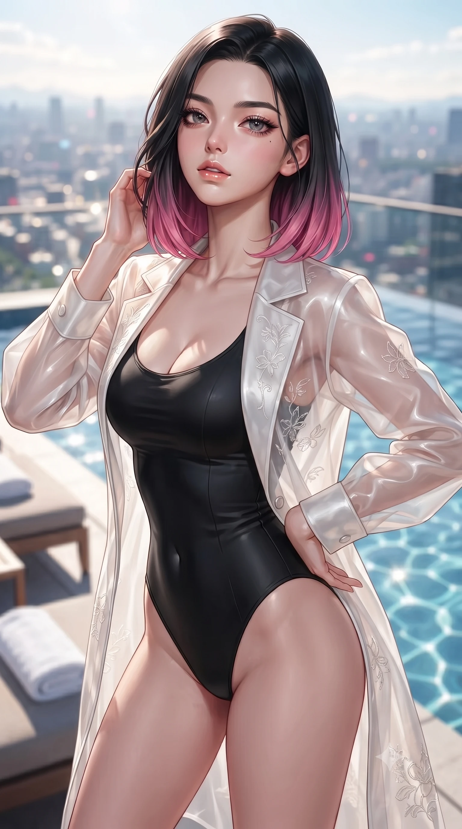 score_9, masterpiece, best quality, ultra-detailed, high-budget anime keyframe, editorial fashion photography, tasteful artistic composition, Korean woman woman. close-up cowboy shot from the waist and thighs up, the character dominates the composition, filling the frame with her large presence, background elements kept in soft focus. tilting her chin up slightly with lips parted in a composed, provocative expression the background shows a soft-focus a private rooftop pool with sunbeds and white towels, looking out at the city. She has an exceptionally elegant, slender, and willowy female figure with an ultra-slim waist, a gracefully sculpted slender torso, and a refined silhouette. sharp v-shaped jawline, high-bridge nose, intricate jewel-like eyes with depth, thick eyelashes, glossy lips with a natural sheen. wearing a tailored sheer white organza resort cover-up worn over a form-fitting one-piece swimsuit, showing her elegant clavicle lines. bright afternoon sunbeams creating shimmering patterns in the blue pool water. ultra-reflective glossy finish, specular highlights, metallic sheen, high-contrast stereoscopic depth, volumetric dynamic lighting, 2k, ultra detail, master piece, 9:16 ratio