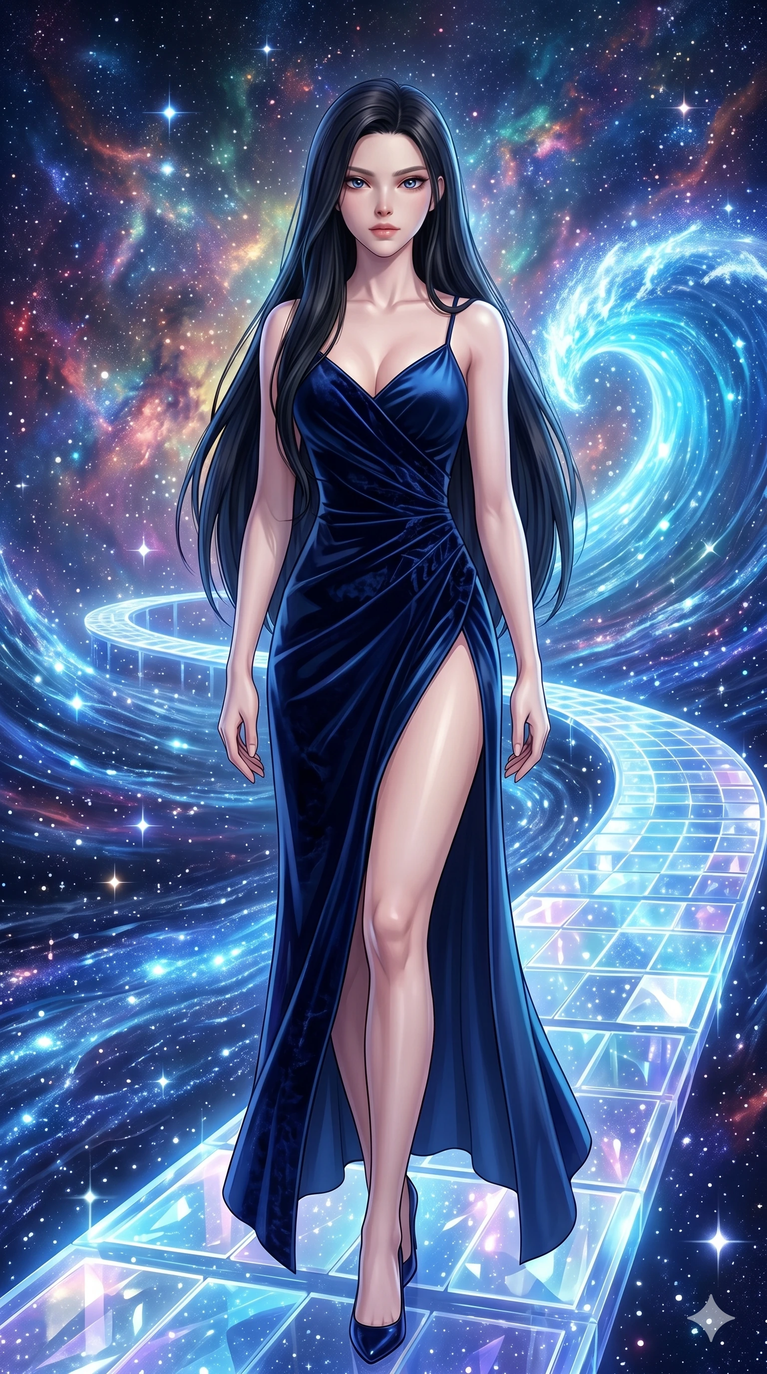 score_9, masterpiece, best quality, ultra-detailed, High-budget Anime Keyframe, beautiful Japanese anime girl. Low angle cowboy shot filling the entire 9:16 frame with her statuesque presence. Standing on a bridge of light over a river of liquid starlight in a cosmic dimension. She has an absolutely perfect 8-heads proportion, an exceptionally tall and slender female figure with impossibly long slender legs and an ultra-slim waist. Sharp v-shaped jawline, high-bridge nose, intricate jewel-like eyes with depth, thick eyelashes, glossy lips with a natural sheen. Wearing a High-Fashion Editorial outfit: midnight blue slip dress with a dangerously high side slit and velvet detail. Background is a bright and colorful starry sea with a glowing blue wave and nebula sky. 2k, ultra detail, master piece, 9:16 ratio