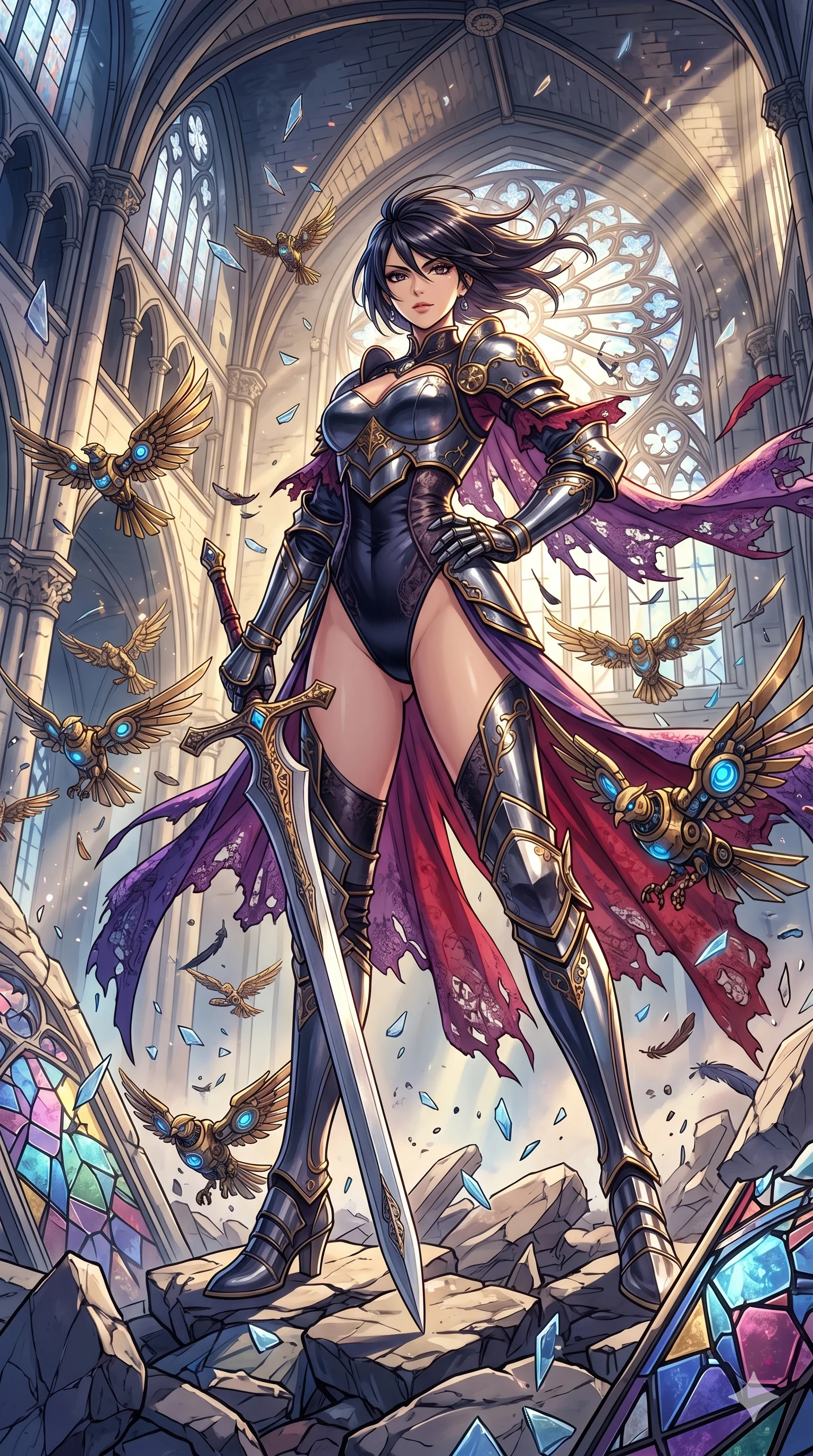 score_9, masterpiece, best quality, ultra-detailed, Set A: High-budget Anime Keyframe, Japanese woman. Low angle cowboy shot filling the entire 9:16 frame with her statuesque presence. Standing victoriously through a shattered glass cathedral, surrounded by a whirlwind of 122 mechanical birds and surrounded by shattered glass fragments. She has an absolutely perfect 8-heads proportion, an exceptionally tall and slender female figure with impossibly long slender legs and an ultra-slim waist. Sharp v-shaped jawline, high-bridge nose, intricate jewel-like eyes with depth, thick eyelashes, glossy lips with a natural sheen. Wearing Warrior-style plate armor over a high-cut silk leotard with tattered lace capes. Cinematic lighting, vibrant colors, dramatic shadows, 2k, ultra detail, master piece, 9:16 ratio
