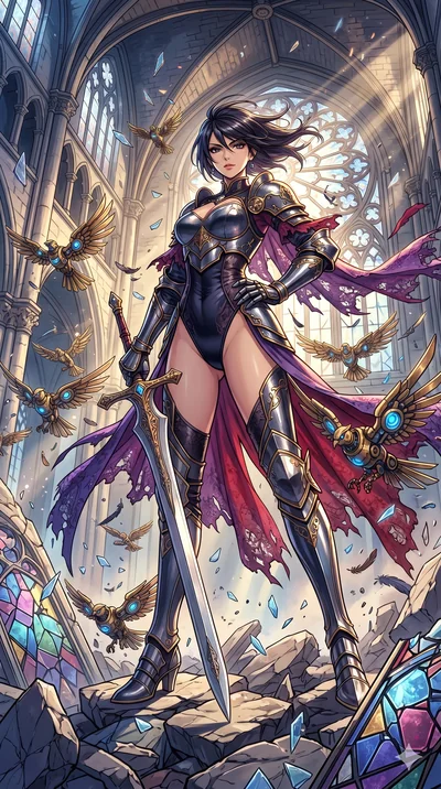 score_9, masterpiece, best quality, ultra-detailed, Set A: High-budget Anime Keyframe, Japanese woman. Low angle cowboy shot filling the entire 9:16 frame with her statuesque presence. Standing victoriously through a shattered glass cathedral, surrou