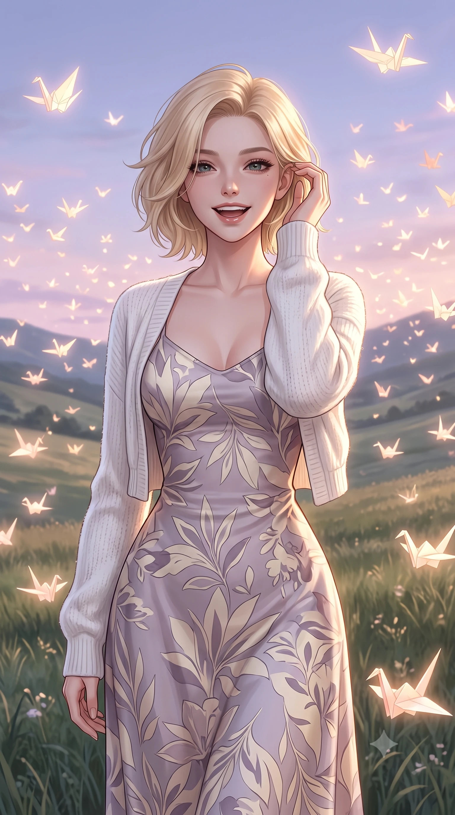 score_9, masterpiece, best quality, ultra-detailed, high-budget anime keyframe, editorial fashion photography, tasteful artistic composition, Caucasian woman, strictly human ears. close-up cowboy shot from the waist and thighs up, the character dominates the composition, filling the frame with her large presence, background elements kept in soft focus. Laughing softly while brushing a strand of hair behind her ear. set against a soft-focus background of in a grassy valley under a pastel evening sky where thousands of glowing paper cranes migrate through the air like magical birds. She has an exceptionally elegant, slender, and willowy female figure with a highly-defined ultra-slim waist, a gracefully sculpted slender torso, and a refined slim-fit silhouette that contours her form. sharp v-shaped jawline, high-bridge nose, intricate jewel-like eyes with depth, thick eyelashes, glossy lips with a natural sheen. wearing a flowing silk maxi dress in a muted lavender and cream print, layered under a white knit cardigan. soft glowing ambient light with sharp side key light tracing the sleek contours of her figure. 2k, ultra detail, master piece, 9:16 ratio