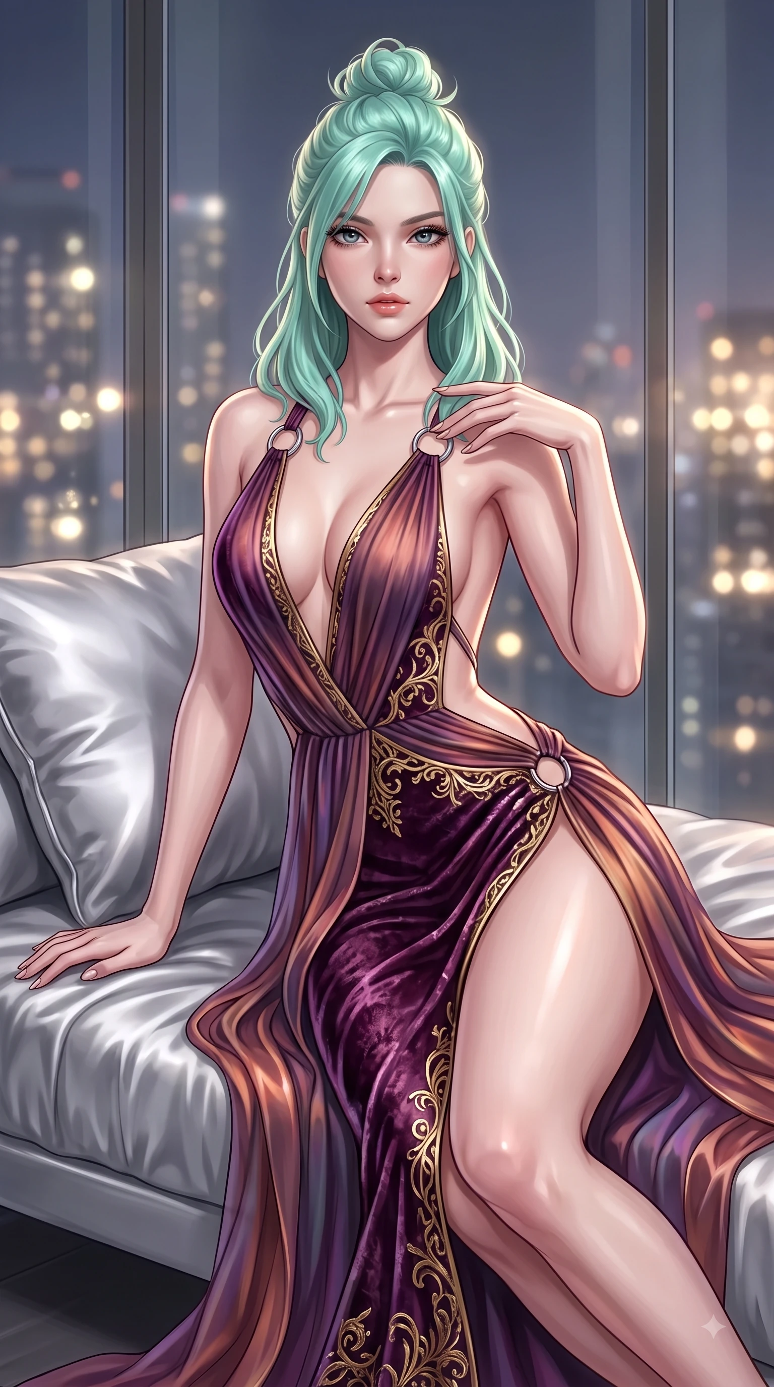 score_9, masterpiece, best quality, ultra-detailed, high-budget anime keyframe, editorial fashion photography, tasteful artistic composition, Japanese woman. close-up cowboy shot from the waist and thighs up, the character dominates the composition, filling the frame with her large presence, background elements kept in soft focus. Pivoting her torso in an alluring S-curve alignment, one hand gently tracing her collarbone with poise while lounging in an alluring S-curve pose on a plush silk daybed in a penthouse over city lights, glistening city lights twinkling softly through floor-to-ceiling glass in the background. She has an exceptionally elegant, slender, and willowy female figure with an ultra-slim waist, a gracefully sculpted slender torso, and a refined silhouette. sharp v-shaped jawline, high-bridge nose, intricate jewel-like eyes with depth, thick eyelashes, glossy lips with a natural sheen, flawlessly proportioned anatomical accuracy, natural body alignment, perfectly sculpted elegant limbs, clean dynamic posture without body distortion. wearing a backless crushed velvet gown with a deep V-neckline and high thigh slit in plum purple and gold filigree, crafted from iridescent chiffon that shifts colors in the light, accented with delicate chrome ring hardware framing her waist, the glove-like fit emphasizing her statuesque silhouette during motion. bathed in warm luxury ambient lighting and soft silver moonlight tracing every curve. ultra-reflective glossy finish, specular highlights, metallic sheen, high-contrast stereoscopic depth, volumetric dynamic lighting, 2k, ultra detail, master piece, 9:16 ratio