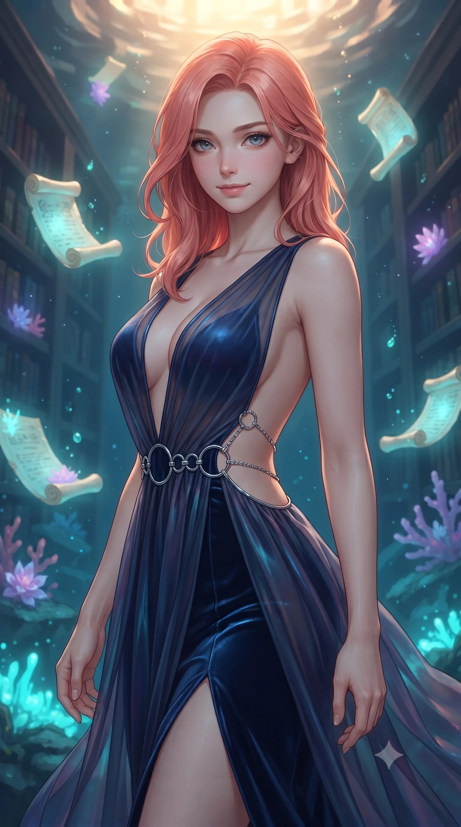 score_9, masterpiece, best quality, ultra-detailed, high-budget anime keyframe, editorial fashion photography, tasteful artistic composition, Japanese woman. close-up cowboy shot from the waist and thighs up, the character dominates the composition, filling the frame with her large presence, background elements kept in soft focus. Smiling with quiet, magnetic self-assurance directly into the lens navigating a submerged ancient library surrounded by floating glowing scrolls, glowing coral blossoms emitting soft aqua and lavender light. She has an exceptionally elegant, slender, and willowy female figure with an ultra-slim waist, a gracefully sculpted slender torso, and a refined silhouette. sharp v-shaped jawline, high-bridge nose, intricate jewel-like eyes with depth, thick eyelashes, glossy lips with a natural sheen. wearing a translucent iridescent chiffon gown with a plunging neckline and open back in midnight navy blue and chrome trim, made of premium stretch velvet with a rich sheen, accented with delicate chrome ring hardware framing her waist, the sleek second-skin texture accentuating her magnetic presence. illuminated by luminous aqua bioluminescence and warm golden top lighting. ultra-reflective glossy finish, specular highlights, metallic sheen, high-contrast stereoscopic depth, volumetric dynamic lighting, 2k, ultra detail, master piece, 9:16 ratio