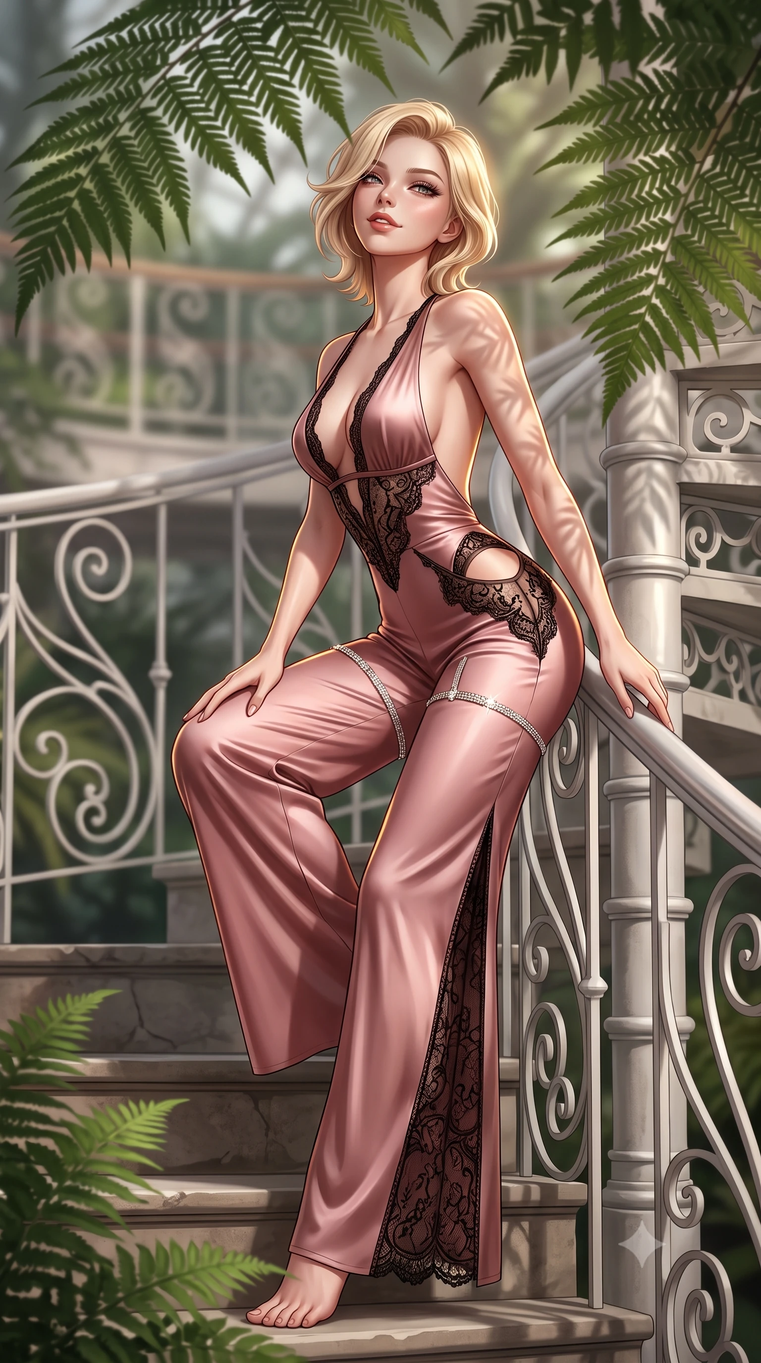 score_9, masterpiece, best quality, ultra-detailed, high-budget anime keyframe, semi-realistic 3D game render, editorial fashion photography, tasteful artistic composition, Caucasian woman. low angle full-body shot from head to toe showing her feet, filling the entire 9:16 vertical frame with her statuesque presence, stretching her vertical silhouette. sitting poised on the stone steps with one knee bent, arching her spine with supermodel elegance as she glances upward through thick eyelashes while leaning against the white wrought-iron spiral balustrade with hips cocked back, looking through giant fern fronds with smoldering eyes. The background shows a soft-focus aerial catwalk railings softened in romantic botanical garden shallow focus. She has an absolutely perfect, statuesque 8.5-heads proportion, an exceptionally tall and slender model-like female figure with impossibly long slender legs, an ultra-slim waist, a flat toned midriff, narrow delicate ribcage, and beautifully sculpted feminine hips creating a graceful, slim hourglass silhouette without any bulky heaviness. sharp v-shaped jawline, high-bridge nose, sparkling eyes with hypnotic seductive depth, thick curled eyelashes, glossy parted lips with a natural dewy peach sheen, alluring bedroom-eyes with an enchanting coquettish smile, exuding magnetic siren charisma and sophisticated glamour, flawlessly proportioned anatomical accuracy, strict slender model proportions, natural body alignment, perfectly sculpted long slender limbs, ultra-slim waistline, clean dynamic posture without body distortion. wearing a backless plunge-front second-skin satin jumpsuit with fluid wide legs and laser-cut hip openings in dusky blush rose and antique black chantilly lace, crafted from fluid liquid silk satin that clings smoothly to every curve with a dewy sheen, finished with delicate crystal-encrusted thigh garter straps glinting under the lights, the form-contouring silhouette accentuating her sculpted flat midriff, narrow delicate ribcage, and gracefully curvy hips with intoxicating allure. illuminated by palm frond dappled shadows and sharp warm-gold rim lights sculpting her razor-sharp jawline, narrow waist, and curvy hips. highly saturated vibrant anime colors, detailed shading with soft gradients, rich glossy textures, high-contrast stereoscopic depth, volumetric dynamic lighting, master piece, 9:16 ratio