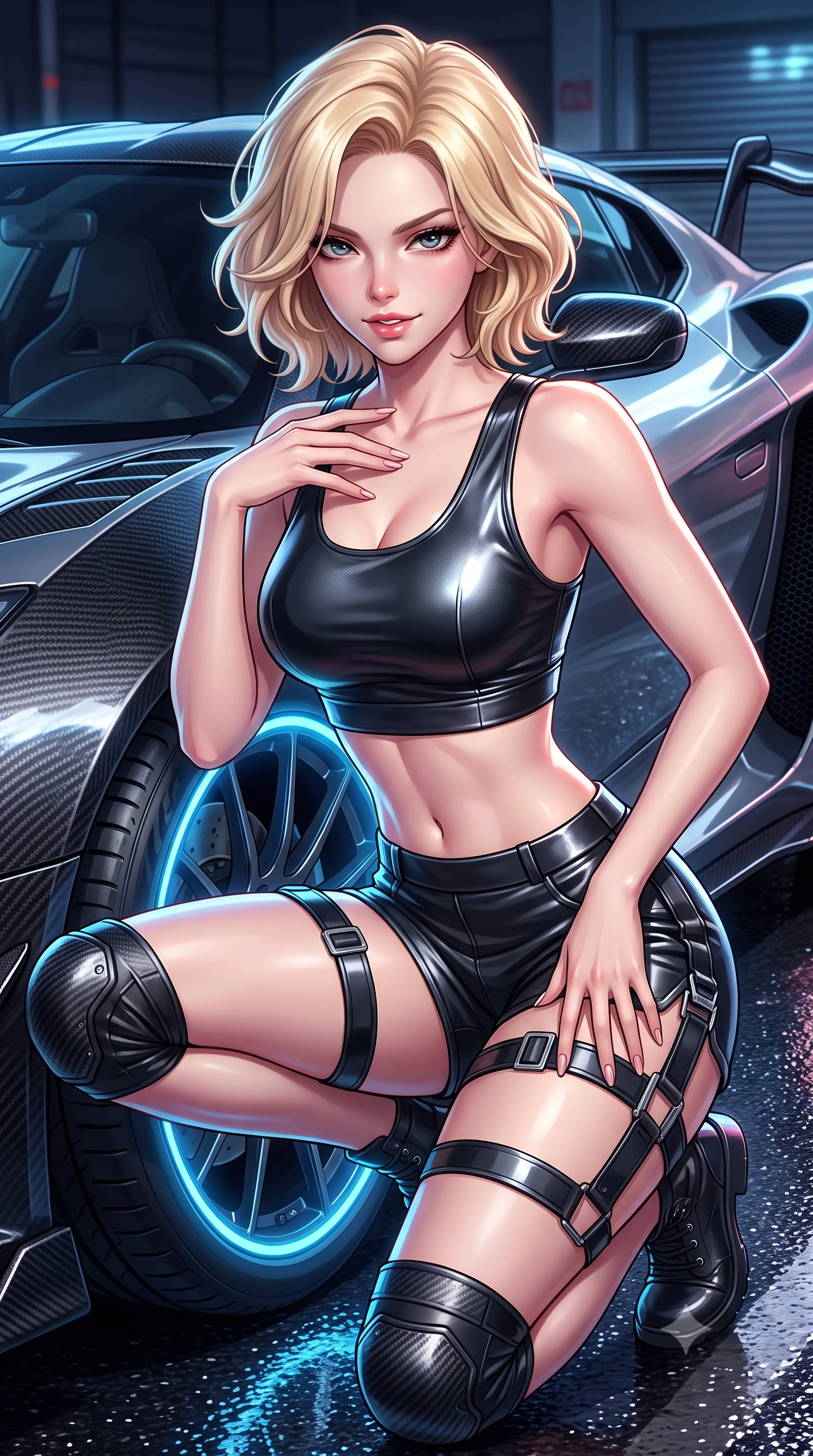score_9, masterpiece, best quality, ultra-detailed, high-budget anime keyframe, semi-realistic 3D game render, editorial fashion photography, tasteful artistic composition, Caucasian woman. close-up cowboy shot from the waist and thighs up, the character dominates the composition, filling the frame with her large presence. resting one manicured hand delicately on her bare collarbone, her upper body twisting in a fluid, voluptuous yet slender curve while crouching low beside a glowing neon wheel rim, one hand resting on her thigh, casting an intense, electrifying smirk. The surrounding environment is rendered in vivid detail and crisp panoramic clarity. sharp carbon-fiber weave textures, polished hypercar body reflections, and tire tread grooves in deep focus. She has an exceptionally elegant, slender, and willowy female figure with an ultra-slim waist, a gracefully sculpted slender torso, toned flat midriff, and a refined slim silhouette. sharp v-shaped jawline, high-bridge nose, intricate jewel-like eyes with depth, thick eyelashes, glossy parted lips with a natural sheen, intensely captivating and seductive expression, flawlessly proportioned anatomical accuracy, strict slender model proportions, natural body alignment, perfectly sculpted long slender limbs, ultra-slim waistline, clean dynamic posture without body distortion. wearing a metallic leather crop tank with high-waist track shorts and tactical leg harness straps in pitch-black vinyl and specular chrome trim, formed from ultra-sleek carbon-fiber reinforced composite with specular sheen, accented with hanging industrial clip straps and carbon fiber knee sliders, the athletic second-skin cut highlighting her toned flat midriff and slender model proportions during dynamic action. illuminated by wet specular asphalt bounce lights sculpting her toned midriff, slender waist, and long legs. highly saturated vibrant anime colors, detailed shading with soft gradients, rich glossy textures, high-contrast stereoscopic depth, volumetric dynamic lighting, master piece, 9:16 ratio