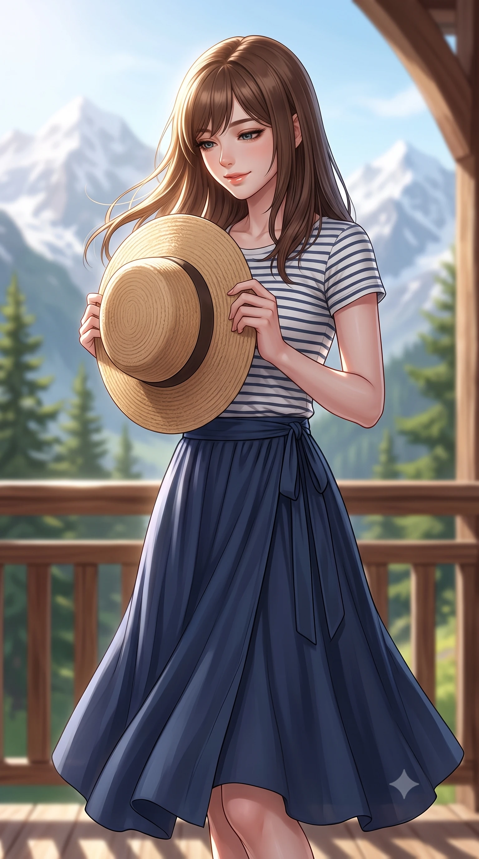 score_9, masterpiece, best quality, ultra-detailed, high-budget anime keyframe, editorial fashion photography, tasteful artistic composition, Korean woman woman. close-up cowboy shot from the waist and thighs up, the character dominates the composition, filling the frame with her large presence, background elements kept in soft focus. holding a wide-brimmed straw hat with both hands against the breeze, looking down with a soft smile the background shows a soft-focus a wooden balcony of a luxury mountain lodge, facing majestic snow-capped peaks. She has an exceptionally elegant, slender, and willowy female figure with an ultra-slim waist, a gracefully sculpted slender torso, and a refined silhouette. sharp v-shaped jawline, high-bridge nose, intricate jewel-like eyes with depth, thick eyelashes, glossy lips with a natural sheen. wearing a slim-fit flowy navy blue midi wrap skirt paired with a simple striped short-sleeve tee. bright morning alpine sun highlighting the white snow and green pine trees. 2k, ultra detail, master piece, 9:16 ratio