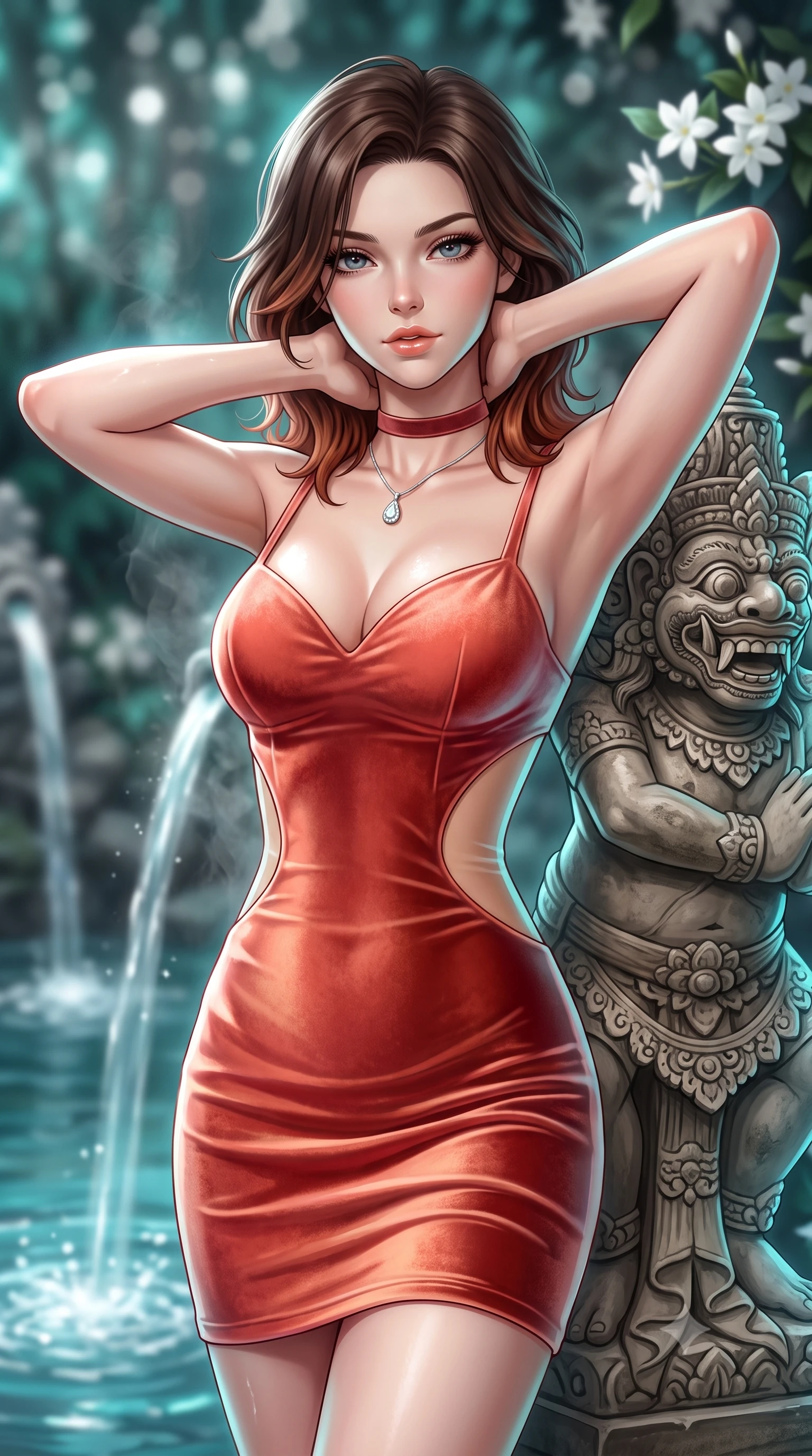 score_9, masterpiece, best quality, ultra-detailed, high-budget anime keyframe, semi-realistic 3D game render, editorial fashion photography, tasteful artistic composition, Korean woman. close-up cowboy shot from the waist and thighs up, the character dominates the composition, filling the frame with her large presence. resting both hands lightly behind her neck with elbows raised, arching her spine to highlight her narrow waist, flat midriff, and breathtaking collarbones while leaning against the carved stone Balinese guardian statue with hips cocked back, looking through rising water vapor with bedroom-eyes. The background shows a soft-focus sacred spring water fountains pouring into the lagoon, exotic night-blooming white jasmine, and dense jungle vegetation blurred into teal, silver, and obsidian bokeh. She has an exceptionally elegant, slender, and willowy female figure with an ultra-slim waist, flat toned midriff, narrow ribcage, and sculpted feminine hips creating an alluring, slim hourglass silhouette without bulk. sharp v-shaped jawline, high-bridge nose, sparkling eyes with hypnotic seductive depth, thick curled eyelashes, glossy parted lips with a natural dewy peach sheen, alluring bedroom-eyes with an enchanting coquettish smile, exuding magnetic siren charisma and sophisticated glamour, flawlessly proportioned anatomical accuracy, strict slender model proportions, natural body alignment, perfectly sculpted long slender limbs, ultra-slim waistline, clean dynamic posture without body distortion. wearing a deep sweetheart-neckline velvet bodycon dress with sheer side-torso cutouts accentuating her hourglass curves in Bali tropical frangipani coral and warm honey, tailored from ultra-plush velvet with rich tactile depth and deep shadow gradients, finished with a thin velvet ribbon choker and a single teardrop diamond pendant, the liquid-tight tailored fabric clinging flawlessly to her narrow waist and rounded feminine hips, emphasizing every millimeter of her sculpted slim hourglass curves without any bulky heaviness. illuminated by spring water specular reflections and sharp platinum-turquoise rim lights sculpting her jawline, flat midriff, and curvy hips. highly saturated vibrant anime colors, detailed shading with soft gradients, rich glossy textures, high-contrast stereoscopic depth, volumetric dynamic lighting, master piece, 9:16 ratio