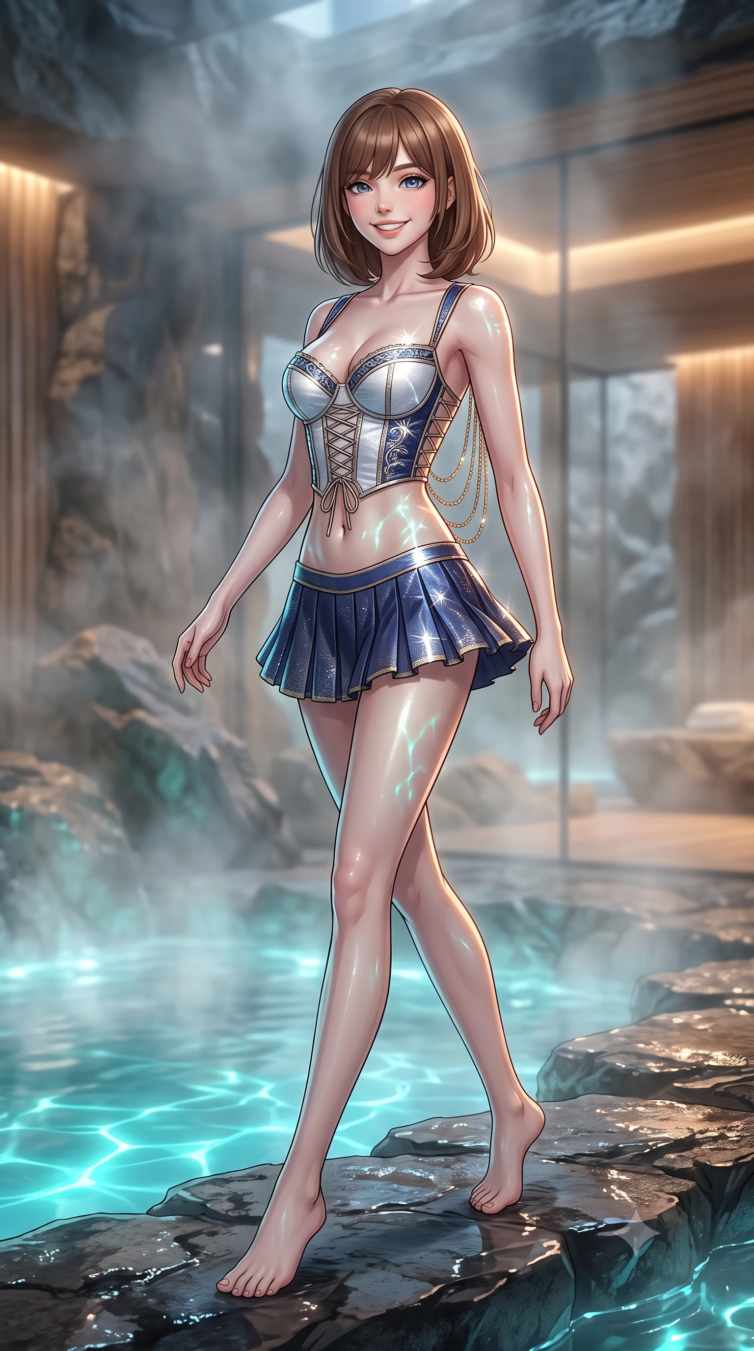 score_9, masterpiece, best quality, ultra-detailed, high-budget anime keyframe, editorial fashion photography, tasteful artistic composition, Caucasian woman. low angle full-body shot from head to toe showing her feet, filling the entire 9:16 vertical frame with her statuesque presence, stretching her vertical silhouette. stepping forward in a confident stride, her long slender legs and curvaceous hips creating a dynamic, sweeping vertical line while twisting her slender torso in an alluring contrapposto stance on the lava rock ledge, glowing cyan water caustics wrapping around her flat midriff and hips. The background shows a soft-focus rising mineral silica steam softened in ultra-luxury Nordic wellness sanctuary shallow focus. She has an exceptionally tall and slender model-like 8.5-heads proportion, an ultra-slim waist, a flat toned midriff, narrow delicate ribcage, and beautifully sculpted feminine hips creating a graceful, slim hourglass silhouette without any bulky heaviness, with impossibly long slender legs. sharp v-shaped jawline, high-bridge nose, intricate jewel-like sparkling eyes with depth, thick eyelashes, glossy parted lips with a natural peach sheen, bright cheerful beaming smile with an enchanting and coquettish sensual glint, exuding both youthful cute charm and seductive allure, flawlessly proportioned anatomical accuracy, strict slender model proportions, natural body alignment, perfectly sculpted long slender limbs, ultra-slim waistline, clean dynamic posture without body distortion. wearing a structured Seville boned lace-up bustier top paired with an ultra-short low-rise pleated micro mini skirt in Mount Fuji snow-peak white and midnight indigo silk, woven from stretch metallic lurex jersey casting radiant starlight glints across her curves, accented with an open-back drape framed by falling strands of delicate gold chains, the form-contouring silhouette accentuating her sculpted flat midriff, narrow delicate ribcage, and gracefully curvy hips with intoxicating allure. bathed in underwater pool turquoise-cyan LEDs combined with soft warm 2700K interior cove lighting through glass. ultra-reflective glossy finish, specular highlights, rich textural contrasts, high-contrast stereoscopic depth, volumetric dynamic lighting, 2k, ultra detail, master piece, 9:16 ratio