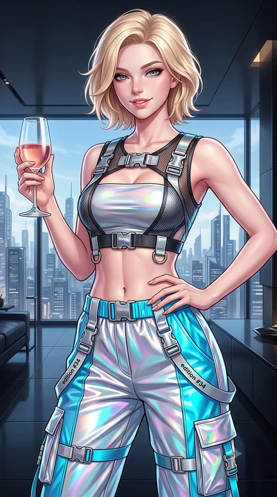 score_9, masterpiece, best quality, ultra-detailed, high-budget anime keyframe, semi-realistic 3D game render, editorial fashion photography, tasteful artistic composition, Caucasian woman. close-up cowboy shot from the waist and thighs up, the chara