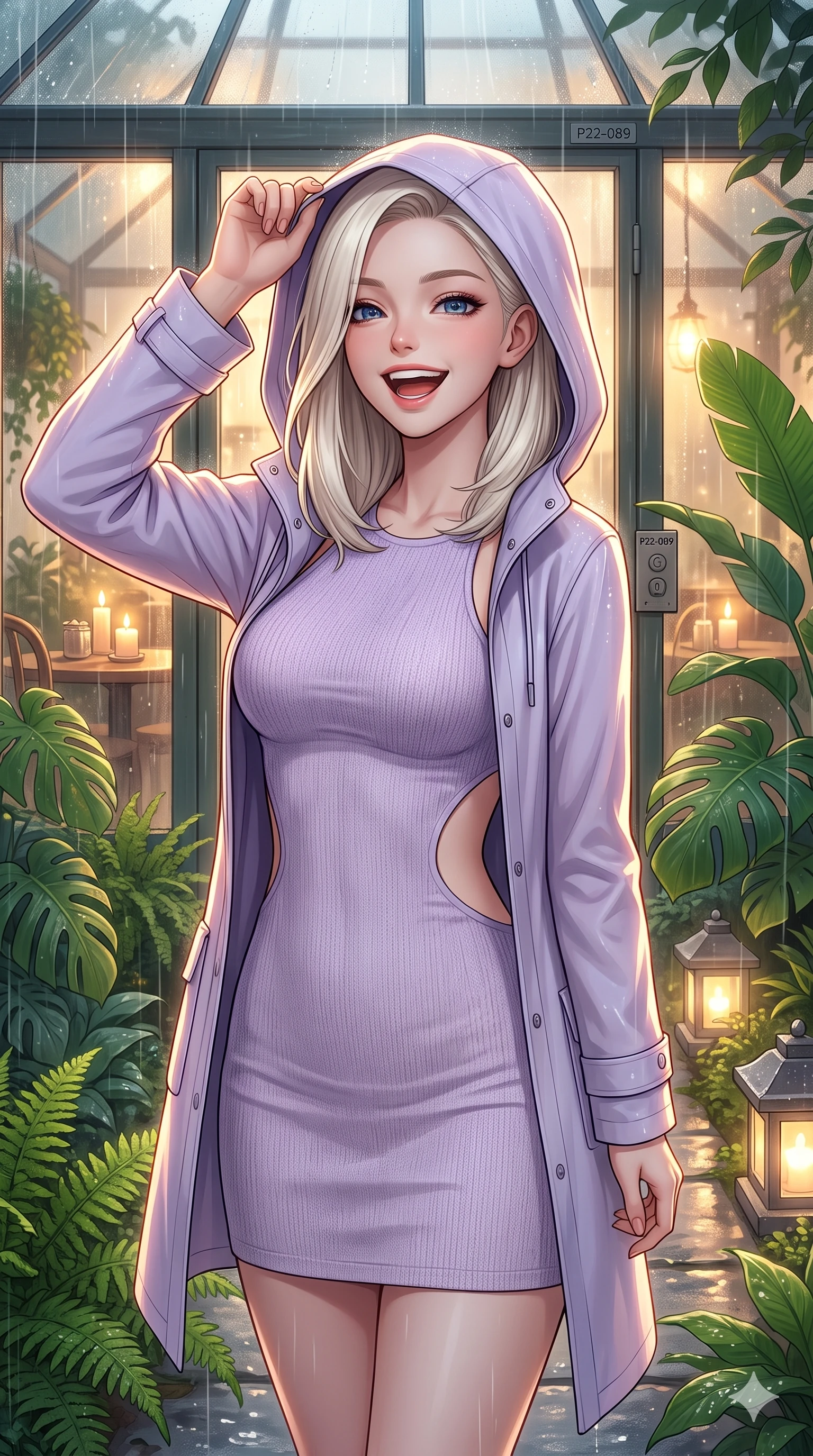 score_9, masterpiece, best quality, ultra-detailed, high-budget anime keyframe, vibrant anime aesthetic, Caucasian woman, strictly human ears. close-up cowboy shot from the waist and thighs up, the character dominates the composition, filling the frame with her large presence, background elements kept in soft focus. She is adjusting her stylish raincoat hood, laughing with a radiant face, with a warm and inviting look standing amidst vibrant green ferns. by a quiet garden pavilion pathway lined with glowing stone lanterns in a soft rain (Code-P22-089). She has an absolutely perfect proportion, an exceptionally elegant and slender female figure with an ultra-slim waist. V-shaped jawline, high-bridge nose, intricate jewel-like eyes with depth, thick eyelashes, glossy lips with a natural sheen. wearing a bodycon knit dress with an elegant side panel cut-out in pastel lavender. She is illuminated by warm candlelight and soft gaslight from a cozy greenhouse cafe, tracing the elegant lines of her shoulders inside the glass pavilion. 2k, ultra detail, master piece, 9:16 ratio
