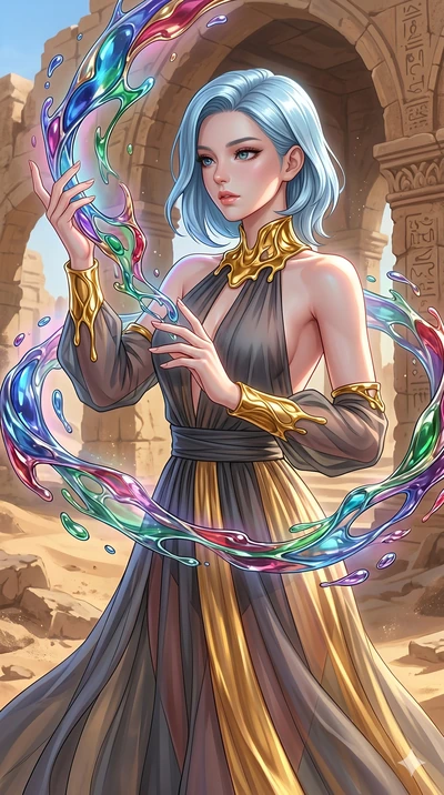 score_9, masterpiece, best quality, ultra-detailed, high-budget anime keyframe, Korean woman. upper body close-up from the thighs up, character filling the screen for maximum presence. interacting with liquid stained-glass that melts and swirls in mi
