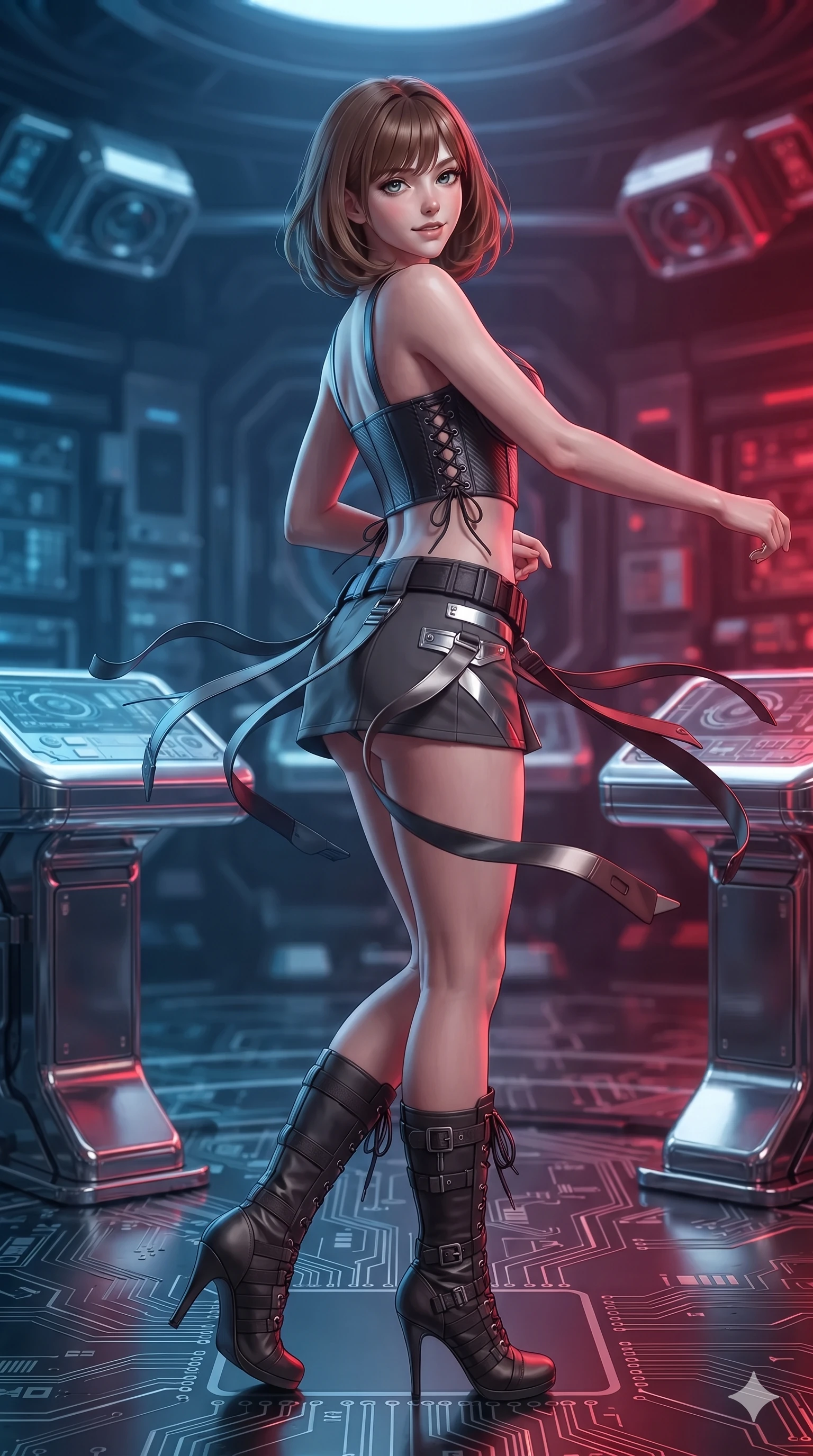 score_9, masterpiece, best quality, ultra-detailed, high-budget anime keyframe, editorial fashion photography, tasteful artistic composition, Caucasian woman. low angle full-body shot from head to toe showing her feet, filling the entire 9:16 vertical frame with her statuesque presence, stretching her vertical silhouette. executing a cheerful mid-motion pivot turn as her tactical belt and ribbons flutter around her slender legs, glancing over her shoulder with an intoxicating, teasing bedroom-gaze while twisting her slender torso in an alluring S-curve, the dramatic split of cool blue relativistic light and warm crimson fire carving her flat midriff and hourglass curves. The surrounding environment is rendered in vivid detail and crisp panoramic clarity: sharp sensor lens housings, precision superconducting magnetic coils, and polished chrome console dials in deep focus. She has an absolutely perfect, statuesque 8.5-heads proportion, an exceptionally tall and slender model-like female figure with impossibly long slender legs, an ultra-slim waist, a flat toned midriff, narrow delicate ribcage, and beautifully sculpted feminine hips creating a graceful, slim hourglass silhouette without any bulky heaviness. sharp v-shaped jawline, high-bridge nose, intricate jewel-like sparkling eyes with depth, thick eyelashes, glossy parted lips with a natural sheen, bright confident smile with an enchanting and coquettish sensual glint, exuding both youthful magnetic charm and sovereign high-tech allure, flawlessly proportioned anatomical accuracy, strict slender model proportions, natural body alignment, perfectly sculpted long slender limbs, ultra-slim waistline, clean dynamic posture without body distortion. wearing a sculpted matte carbon underwire crop bustier with lace-up side ties paired with a low-rise micro skirt in charcoal grey and polished chrome, made of fluid liquid jersey with seamless sculpting hold and smooth contours, complemented by strappy stiletto combat boots with metallic ankle wraps accentuating her slender calves, the bespoke structured tailoring following the natural line of her 8.5-heads silhouette with refined elegance. illuminated by polished floor bounce and sharp dual cyan-crimson rim lights defining her razor-sharp jawline, narrow waist, and curvy hips. ultra-reflective glossy finish, specular highlights, rich textural contrasts, high-contrast stereoscopic depth, volumetric dynamic lighting, 2k, ultra detail, master piece, 9:16 ratio
