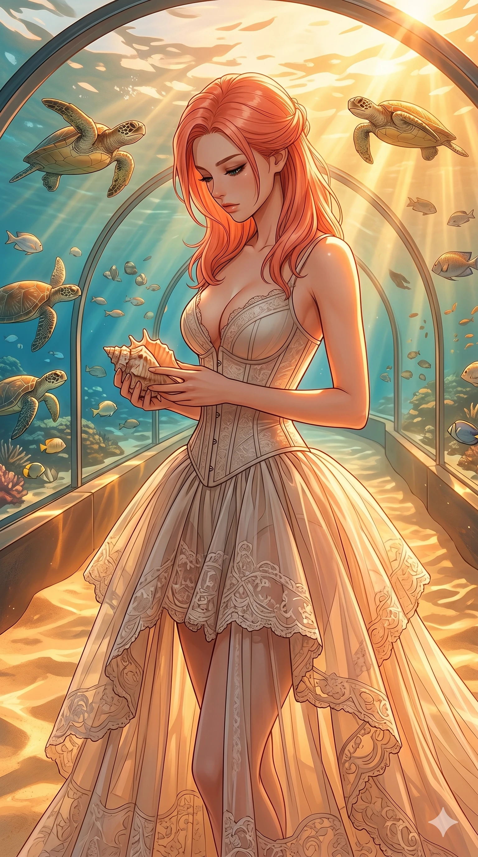 score_9, masterpiece, best quality, ultra-detailed, high-budget anime keyframe, editorial fashion photography, tasteful artistic composition, Japanese woman. cowboy shot from the thighs up, character and outfit filling the frame for maximum editorial presence. holding a seashell, looking down in a composed, powerful gesture inside an beachside glass tunnel with swimming sea turtles (Code-P19-148). She has an absolutely perfect 8-heads proportion, an exceptionally tall and slender female figure with impossibly long slender legs and an ultra-slim waist. V-shaped jawline, high-bridge nose, intricate jewel-like eyes with depth, thick eyelashes, glossy lips with a natural sheen. wearing a custom corset with a plunging neckline showing her cleavage, paired with a sheer skirt. bathed in warm golden afternoon sunbeams, casting a warm glowing aura on her. 2k, ultra detail, master piece, 9:16 ratio