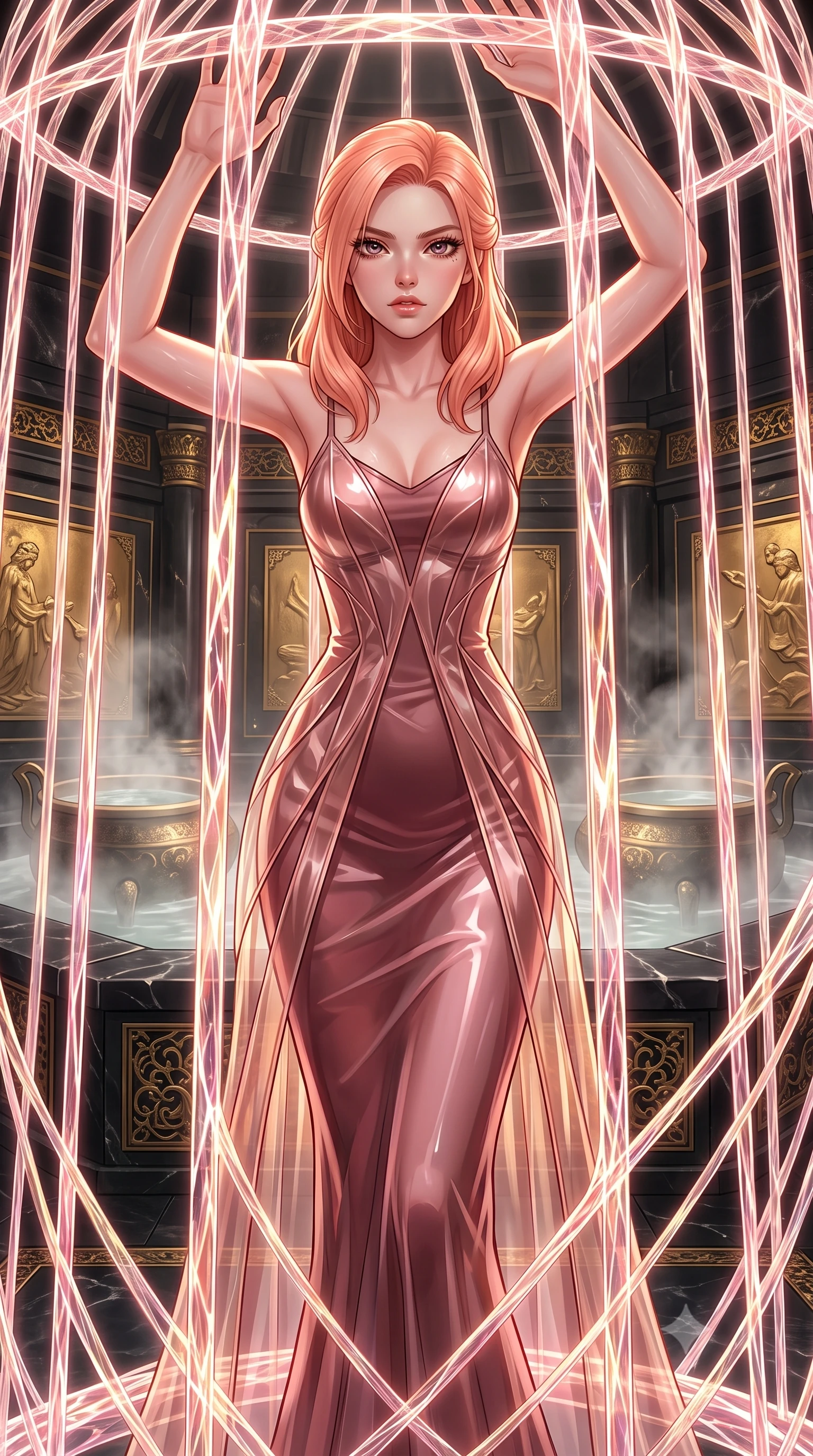 score_9, masterpiece, best quality, ultra-detailed, High-budget Anime Keyframe, East Asian woman. Low angle cowboy shot filling the entire 9:16 frame with her statuesque presence. Scenario 536: trapped in a cage of glowing crystalline fibers, her body pressing against the bars, in a steam-filled bathhouse built of black obsidian stone and gold accents. Her presence is magnetic and overpowering in this high-budget anime scene. Outfit 536: a slim-fit rose-gold translucent PVC gown featuring layered translucent panels over a sleek slip dress. The clothing is designed to emphasize her exceptionally tall and slender 8-heads proportion. 8-heads proportion, towering silhouette, ultra-slim waist. sharp v-shaped jawline, intricate jewel-like eyes with depth, thick eyelashes, glossy lips. 2k, ultra detail, master piece, 9:16 ratio