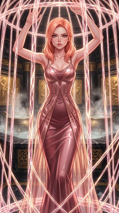 score_9, masterpiece, best quality, ultra-detailed, High-budget Anime Keyframe, East Asian woman. Low angle cowboy shot filling the entire 9:16 frame with her statuesque presence. Scenario 536: trapped in a cage of glowing crystalline fibers, her bod