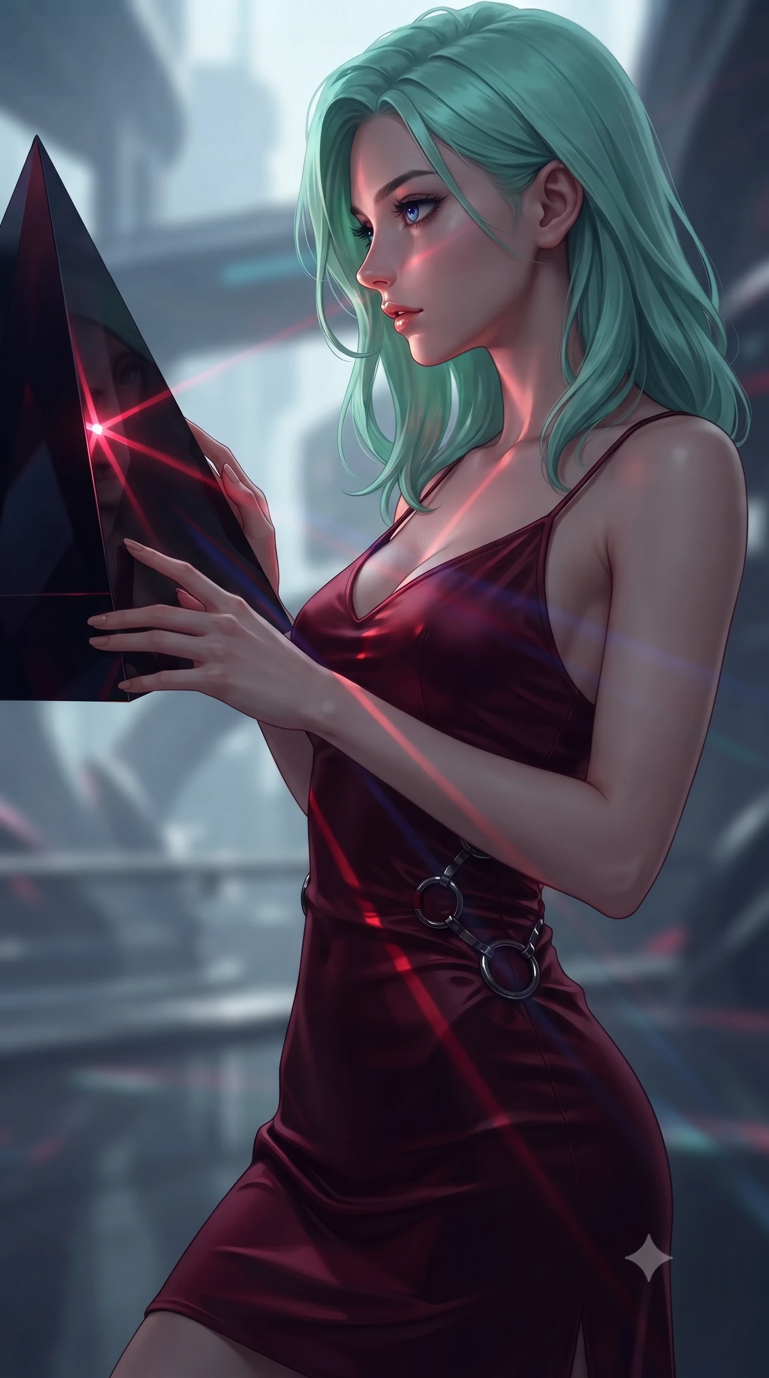 score_9, masterpiece, best quality, ultra-detailed, high-budget anime keyframe, editorial fashion photography, tasteful artistic composition, Japanese woman. close-up cowboy shot from the waist and thighs up, the character dominates the composition, filling the frame with her large presence, background elements kept in soft focus. Turning her face in sharp dramatic profile against the moody key light, touching a giant dark obsidian prism that split light into deep crimson spectrums, prismatic light trails splitting into dark burgundy and navy spectrums. She has an exceptionally elegant, slender, and willowy female figure with an ultra-slim waist, a gracefully sculpted slender torso, and a refined silhouette. sharp v-shaped jawline, high-bridge nose, intricate jewel-like eyes with depth, thick eyelashes, glossy lips with a natural sheen. wearing form-contouring dark crimson liquid silk long slip dress in pitch-black onyx, made of crushed dark silk velvet, trimmed with dark chrome ring hardware along the waist contours, sculpting her athletic slender build with refined precision. lit by a single piercing key ray refracting into multi-color dark spectrums. highly saturated vibrant anime colors, detailed shading with soft gradients, rich glossy textures, high-contrast stereoscopic depth, volumetric dynamic lighting, master piece, 9:16 ratio