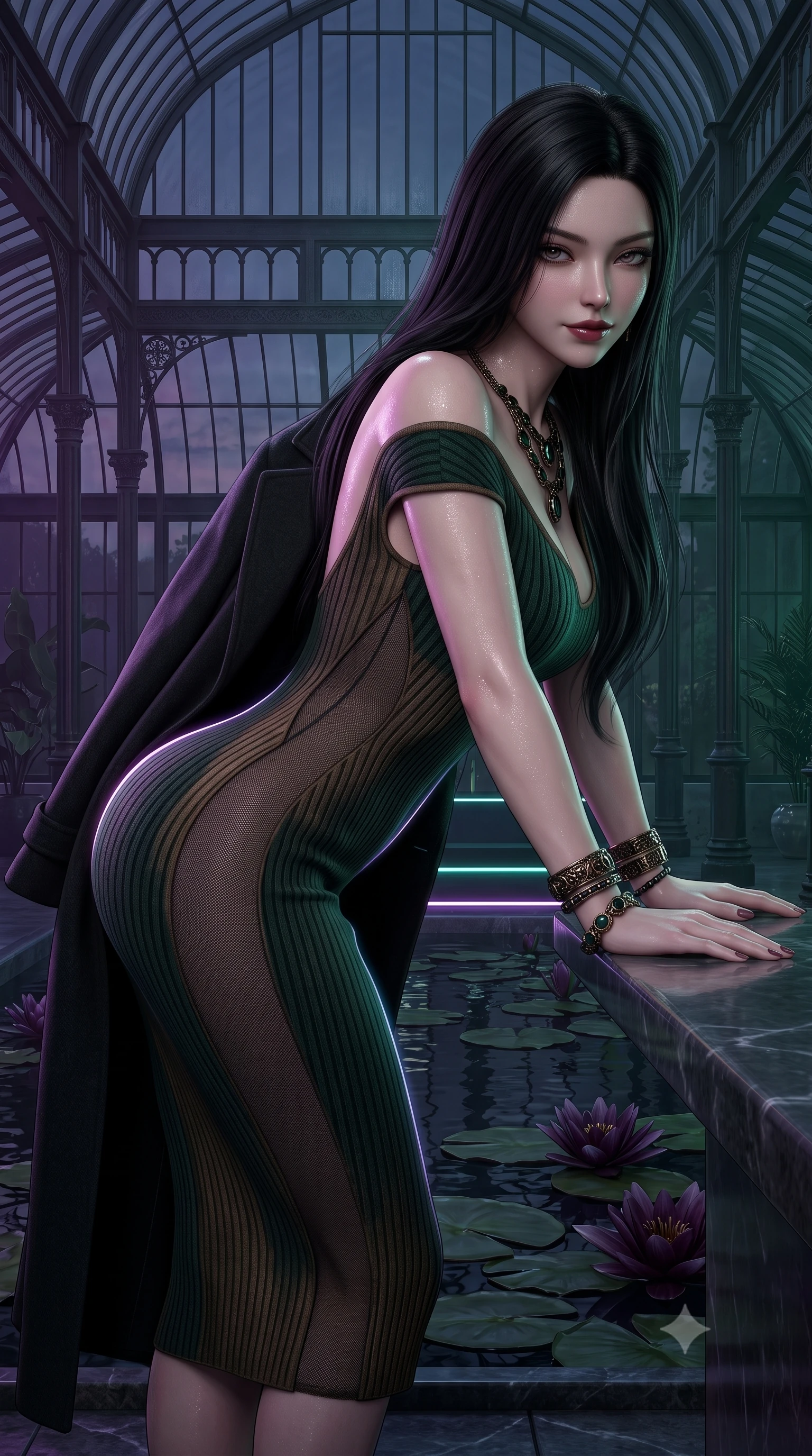 score_9, masterpiece, best quality, ultra-detailed, high-budget anime keyframe, semi-realistic 3D game render, editorial fashion photography, tasteful artistic composition, Korean woman. close-up cowboy shot from the waist and thighs up, the character dominates the composition, filling the frame with her large presence. leaning forward over the counter while arching her lower back to accentuate her curvy hips, looking into the lens with a dangerous smoldering half-smile and bedroom-eyes while twisting her slender torso in an alluring S-curve beside a tranquil dark lily pool, subtle neon reflections tracing her curvy hips and flat midriff. The surrounding environment is rendered in vivid detail and crisp panoramic clarity. detailed outfit drape, moisture sheen on skin, and Victorian glasshouse architecture in high clarity. She has an exceptionally elegant, slender, and willowy female figure with an ultra-slim waist, flat toned midriff, narrow ribcage, and sculpted feminine hips creating an alluring, slim hourglass silhouette without bulk. sharp v-shaped jawline, high-bridge nose, intricate jewel-like dark sparkling eyes with dangerous depth, thick curled eyelashes, glossy parted lips with a rich wine sheen, smoldering seductive half-smile with bedroom-eyes, exuding effortless superiority and intoxicating dark allure, flawlessly proportioned anatomical accuracy, strict slender model proportions, natural body alignment, perfectly sculpted long slender limbs, ultra-slim waistline, clean dynamic posture without body distortion. wearing a form-contouring off-shoulder ribbed cashmere bodycon midi dress with a low-back scoop in dark emerald green and brushed antique bronze, made of semi-opaque dark contouring mesh clinging like a second skin, complemented by an oversized dark cashmere coat draped casually over one shoulder, the form-contouring cut accentuating her sculpted flat midriff, narrow delicate ribcage, and gracefully curvy hips with sovereign high-fashion precision. bathed in moody ultraviolet and deep emerald ambient backlights filtering through soaring glass panes. highly saturated vibrant anime colors, detailed shading with soft gradients, rich glossy textures, high-contrast stereoscopic depth, volumetric dynamic lighting, master piece, 9:16 ratio