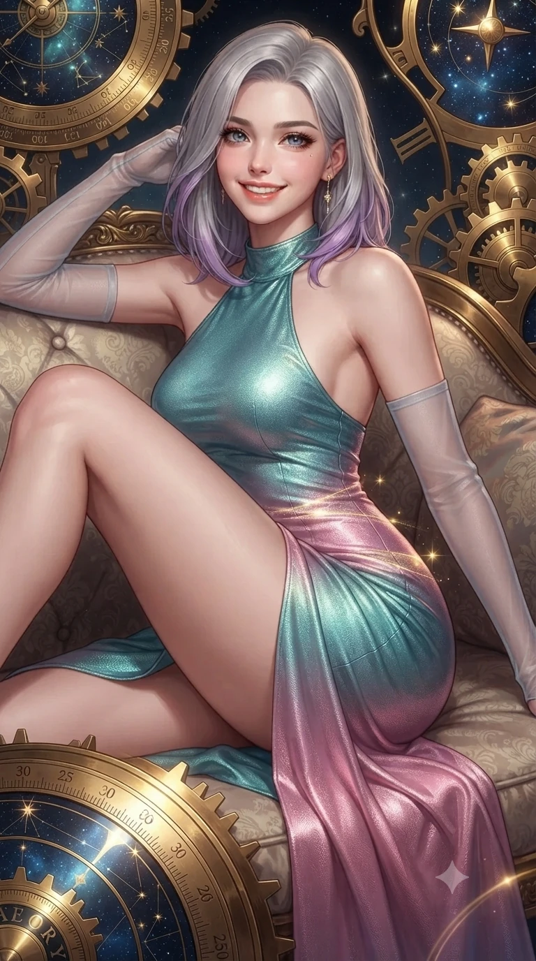 score_9, masterpiece, best quality, ultra-detailed, high-budget anime keyframe, editorial fashion photography, tasteful artistic composition, Caucasian woman. close-up cowboy shot from the waist and thighs up, the character dominates the composition, filling the frame with her large presence. perched sideways on the lounge seat, one knee drawn up to showcase her slender leg line while her arched back accentuates her feminine hip curve while twisting her slender torso in an alluring S-curve, celestial starlight and golden thread pulses highlighting her flat midriff and hips. The surrounding environment is rendered in vivid detail and crisp panoramic clarity: sharp engraved zodiac degree markings on brass dials, razor-sharp gear teeth, and crystalline lens bevels in deep focus. She has an exceptionally elegant, slender, and willowy female figure with an ultra-slim waist, flat toned midriff, narrow ribcage, and sculpted feminine hips creating an alluring, slim hourglass silhouette without bulk. sharp v-shaped jawline, high-bridge nose, intricate jewel-like sparkling eyes with depth, thick eyelashes, glossy parted lips with a natural peach sheen, bright cheerful beaming smile with an enchanting and coquettish sensual glint, exuding both youthful cute charm and seductive allure, flawlessly proportioned anatomical accuracy, strict slender model proportions, natural body alignment, perfectly sculpted long slender limbs, ultra-slim waistline, clean dynamic posture without body distortion. wearing an alluring backless metallic lamé halterneck mini dress with deep scoop back down to her lower spine and thigh-high slit in subterranean lagoon turquoise and lotus blossom pink, made of fluid liquid jersey with seamless sculpting hold and smooth contours, complemented by sheer opera-length evening gloves tracing her slender arms, the glove-like clinging cut tightly following the natural contour of her hips and long slender legs with youthful 8.5-heads elegance. illuminated by polished brass reflection bounce and sharp starlight-gold rim lights defining her razor-sharp jawline, narrow waist, and curvy hips. ultra-reflective glossy finish, specular highlights, rich textural contrasts, high-contrast stereoscopic depth, volumetric dynamic lighting, 2k, ultra detail, master piece, 9:16 ratio