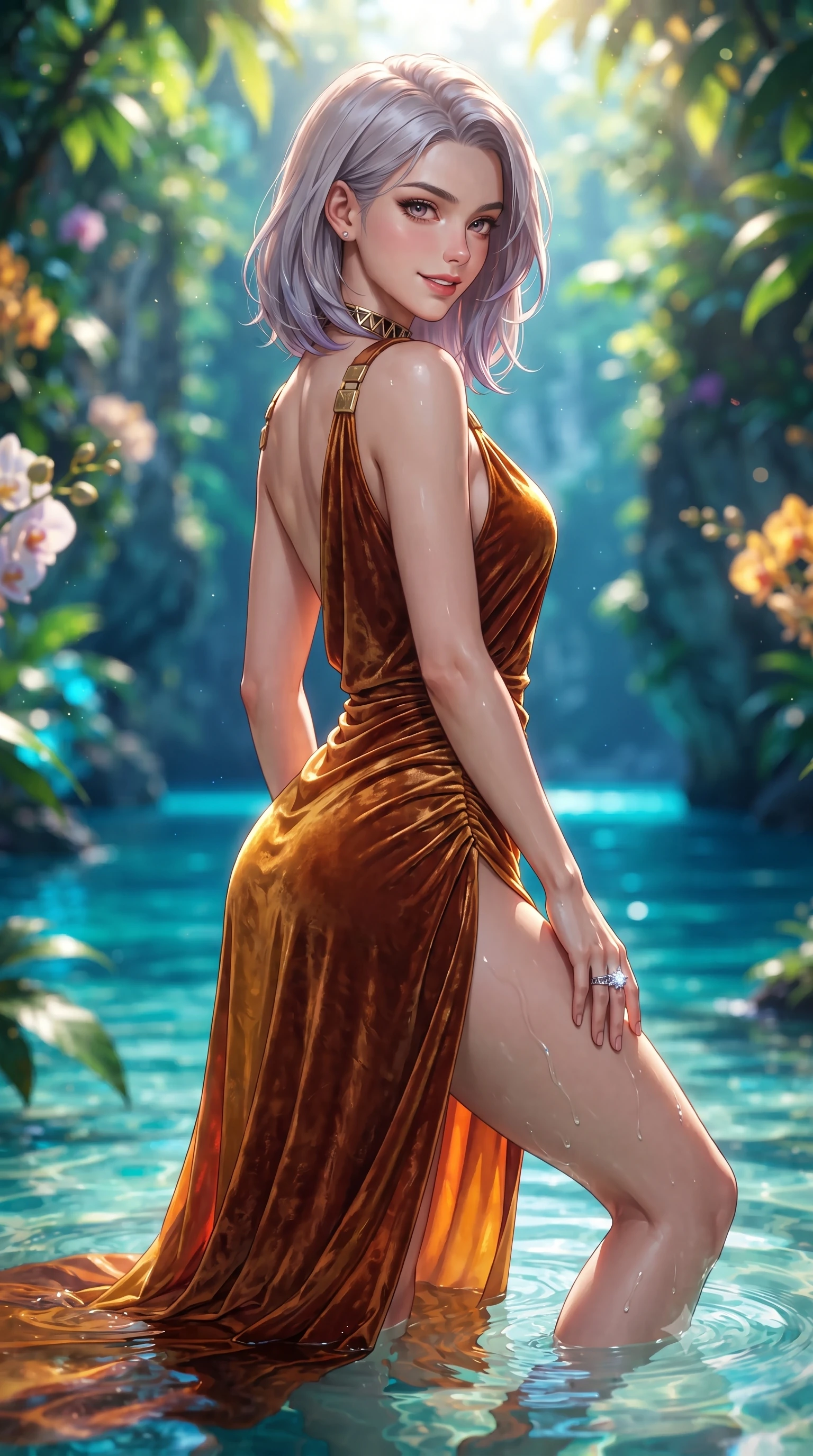 score_9, masterpiece, best quality, ultra-detailed, high-budget anime keyframe, editorial fashion photography, tasteful artistic composition, Caucasian woman. close-up cowboy shot from the waist and thighs up, the character dominates the composition, filling the frame with her large presence. turning over a bare shoulder with an intoxicating, teasing smile, her soft hair framing her sharp jawline as her hips angle gracefully while wading lightly into the shallow crystalline water with one knee bent, vibrant turquoise caustics tracing the contour of her curvy hips and long slender limbs. The composition keeps background elements in soft focus with creamy bokeh. dramatic limestone gorge cliffs draped in wild tropical orchids and glowing blue river waters blurred into intense sapphire, cyan, and jungle-gold bokeh. She has an exceptionally elegant, slender, and willowy female figure with an ultra-slim waist, flat toned midriff, narrow ribcage, and sculpted feminine hips creating an alluring, slim hourglass silhouette without bulk. sharp v-shaped jawline, high-bridge nose, intricate jewel-like eyes with depth, thick eyelashes, glossy parted lips with a natural sheen, intensely captivating and seductive bedroom-eyes expression, flawlessly proportioned anatomical accuracy, strict slender model proportions, natural body alignment, perfectly sculpted long slender limbs, ultra-slim waistline, clean dynamic posture without body distortion. wearing a high-slit Grecian goddess draped gown with asymmetrical gold shoulder clasps and hip gathering in rich copper bronze and warm amber, crafted from heavyweight crushed silk velvet with liquid vintage luster, complemented by a bold geometric choker and sparkling cocktail ring, the form-contouring material adhering flawlessly to her sculpted flat midriff and slender torso, emphasizing her long leg lines and perfectly proportioned willowy build. bathed in brilliant tropical sunbeams filtering through dense jungle canopy foliage. ultra-reflective glossy finish, specular highlights, rich textural contrasts, high-contrast stereoscopic depth, volumetric dynamic lighting, 2k, ultra detail, master piece, 9:16 ratio