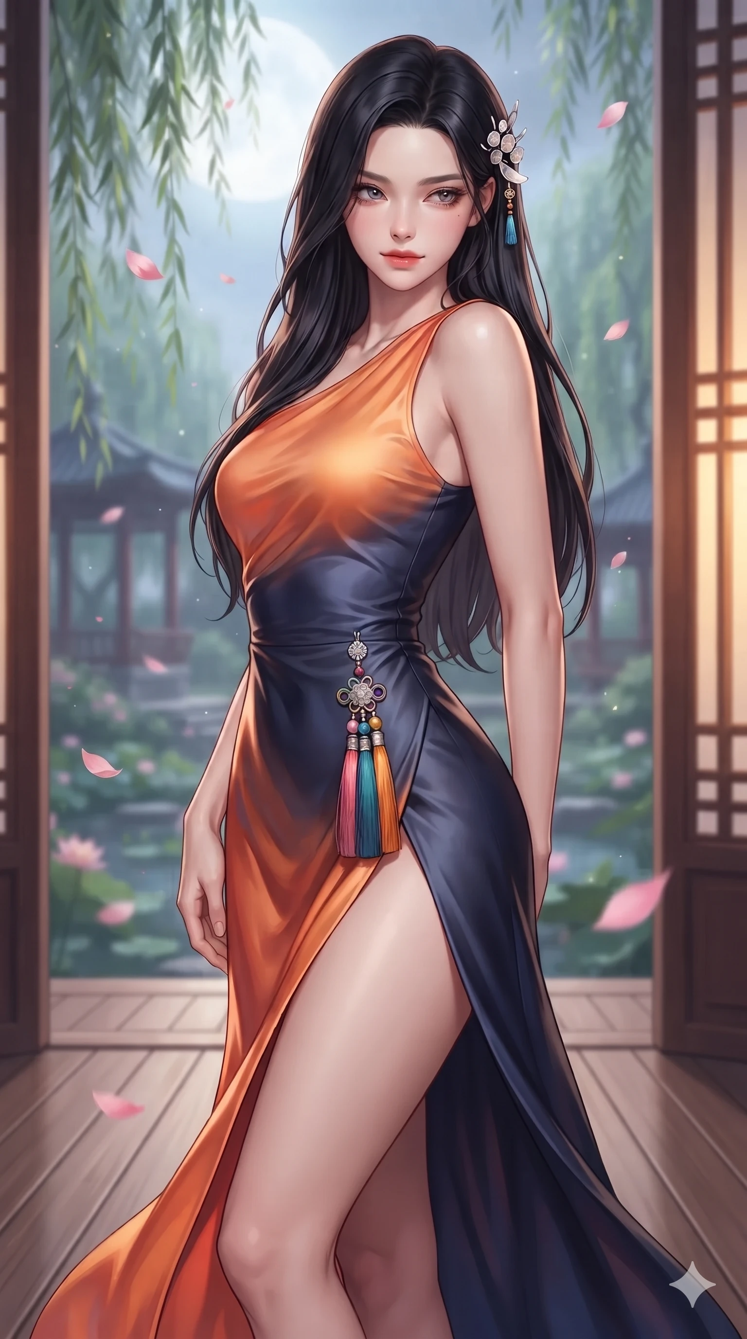 score_9, masterpiece, best quality, ultra-detailed, high-budget anime keyframe, editorial fashion photography, tasteful artistic composition, Korean woman. close-up cowboy shot from the waist and thighs up, the character dominates the composition, filling the frame with her large presence. twisting her slender torso in a deep contrapposto stance, hips dramatically shifted to accentuate her feminine curves while looking past her shoulder with smoldering bedroom-eyes while stepping slowly along the polished wooden decking with hypnotic grace, hips swaying in an alluring sensual rhythm that accentuates her curvy hourglass silhouette. The background shows a soft-focus swaying weeping willow branches, floating pink lotus petals, and distant garden pavilions blurred into rose, celadon, and slate bokeh. She has an exceptionally elegant, slender, and willowy female figure with an ultra-slim waist, flat toned midriff, narrow ribcage, and sculpted feminine hips creating an alluring, slim hourglass silhouette without bulk. sharp v-shaped jawline, high-bridge nose, sparkling eyes with hypnotic seductive depth, thick curled eyelashes, glossy parted lips with a natural dewy peach sheen, alluring bedroom-eyes with an enchanting coquettish smile, exuding magnetic siren charisma and sophisticated glamour, flawlessly proportioned anatomical accuracy, strict slender model proportions, natural body alignment, perfectly sculpted long slender limbs, ultra-slim waistline, clean dynamic posture without body distortion. wearing an asymmetric one-shoulder liquid mercury silk dress with a dramatic hip-high wrap slit and norigae waist charm in sunset tangerine orange and deep navy indigo, made of liquid dark mercury jersey with seamless sculpting hold and fluid drape, finished with delicate mother-of-pearl hairpin ornaments glinting in her dark glossy hair, the bespoke structured tailoring following the natural line of her 8.5-heads silhouette with refined elegance. bathed in soft celestial moonlight combined with warm golden light spilling through open veranda doors. ultra-reflective glossy finish, specular highlights, rich textural contrasts, high-contrast stereoscopic depth, volumetric dynamic lighting, 2k, ultra detail, master piece, 9:16 ratio
