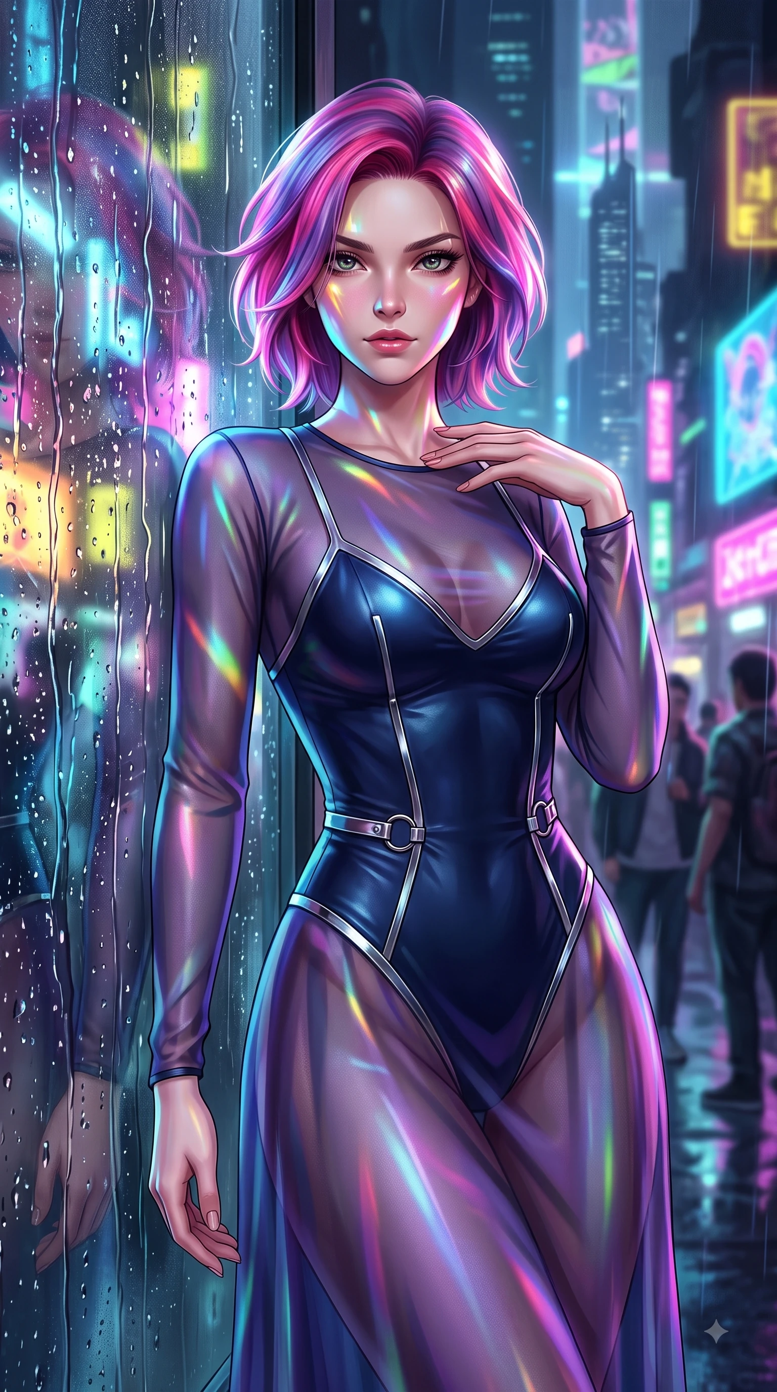 score_9, masterpiece, best quality, ultra-detailed, high-budget anime keyframe, editorial fashion photography, tasteful artistic composition, Caucasian woman. close-up cowboy shot from the waist and thighs up, the character dominates the composition, filling the frame with her large presence, background elements kept in soft focus. Pivoting her torso in an alluring S-curve alignment, one hand gently tracing her collarbone with poise while leaning against a wet glass window as rain droplets catch intense specular highlights, rain droplets glistening on the window glass with colorful neon city reflections. She has an exceptionally elegant, slender, and willowy female figure with an ultra-slim waist, a gracefully sculpted slender torso, and a refined silhouette. sharp v-shaped jawline, high-bridge nose, intricate jewel-like eyes with depth, thick eyelashes, glossy lips with a natural sheen, flawlessly proportioned anatomical accuracy, natural body alignment, perfectly sculpted elegant limbs, clean dynamic posture without body distortion. wearing a semi-opaque sheer overlay dress over a leather micro-bodysuit in midnight navy blue and chrome trim, crafted from iridescent chiffon that shifts colors in the light, accented with delicate chrome ring hardware framing her waist, the tailored fabric tightly following every curve of her athletic build. surrounded by a high-energy, seductive cyberpunk nightlife ambiance. ultra-reflective glossy finish, specular highlights, metallic sheen, high-contrast stereoscopic depth, volumetric dynamic lighting, 2k, ultra detail, master piece, 9:16 ratio