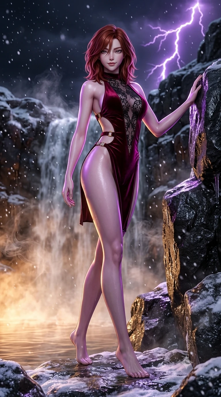 score_9, masterpiece, best quality, ultra-detailed, high-budget anime keyframe, semi-realistic 3D game render, editorial fashion photography, tasteful artistic composition, Korean woman. low angle full-body shot from head to toe showing her feet, filling the entire 9:16 vertical frame with her statuesque presence, stretching her vertical silhouette. stepping forward in a confident stride, her long slender legs and curvaceous hips creating a dynamic, sweeping vertical line while standing tall beside the steaming mineral waterfall, one hand resting high on the wet basalt while arching her spine to emphasize her feminine hips. The surrounding environment is rendered in vivid detail and crisp panoramic clarity: intricate steam wisps curling in sub-zero air, glistening moisture on basalt boulders, and crisp falling snowflakes in razor-sharp detail. She has an absolutely perfect, statuesque 8.5-heads proportion, an exceptionally tall and slender model-like female figure with impossibly long slender legs, an ultra-slim waist, a flat toned midriff, narrow delicate ribcage, and beautifully sculpted feminine hips creating a graceful, slim hourglass silhouette without any bulky heaviness. sharp v-shaped jawline, high-bridge nose, sparkling eyes with hypnotic seductive depth, thick curled eyelashes, glossy parted lips with a natural dewy peach sheen, alluring bedroom-eyes with an enchanting coquettish smile, exuding magnetic siren charisma and sophisticated glamour, flawlessly proportioned anatomical accuracy, strict slender model proportions, natural body alignment, perfectly sculpted long slender limbs, ultra-slim waistline, clean dynamic posture without body distortion. wearing a wet-look high-cut monokini with side cutouts and gold buckle rings in deep bordeaux velvet and delicate black chantilly, crafted from architectural Japanese double-weave crepe with crisp sculptural silhouettes, finished with an ultra-high side slit secured by miniature jeweled clasps, the glove-like clinging cut tightly following the natural contour of her hips and long slender legs with youthful 8.5-heads elegance. bathed in warm 3200K underwater tub illumination paired with sudden electric purple lightning flashes from passing clouds. highly saturated vibrant anime colors, detailed shading with soft gradients, rich glossy textures, high-contrast stereoscopic depth, volumetric dynamic lighting, master piece, 9:16 ratio