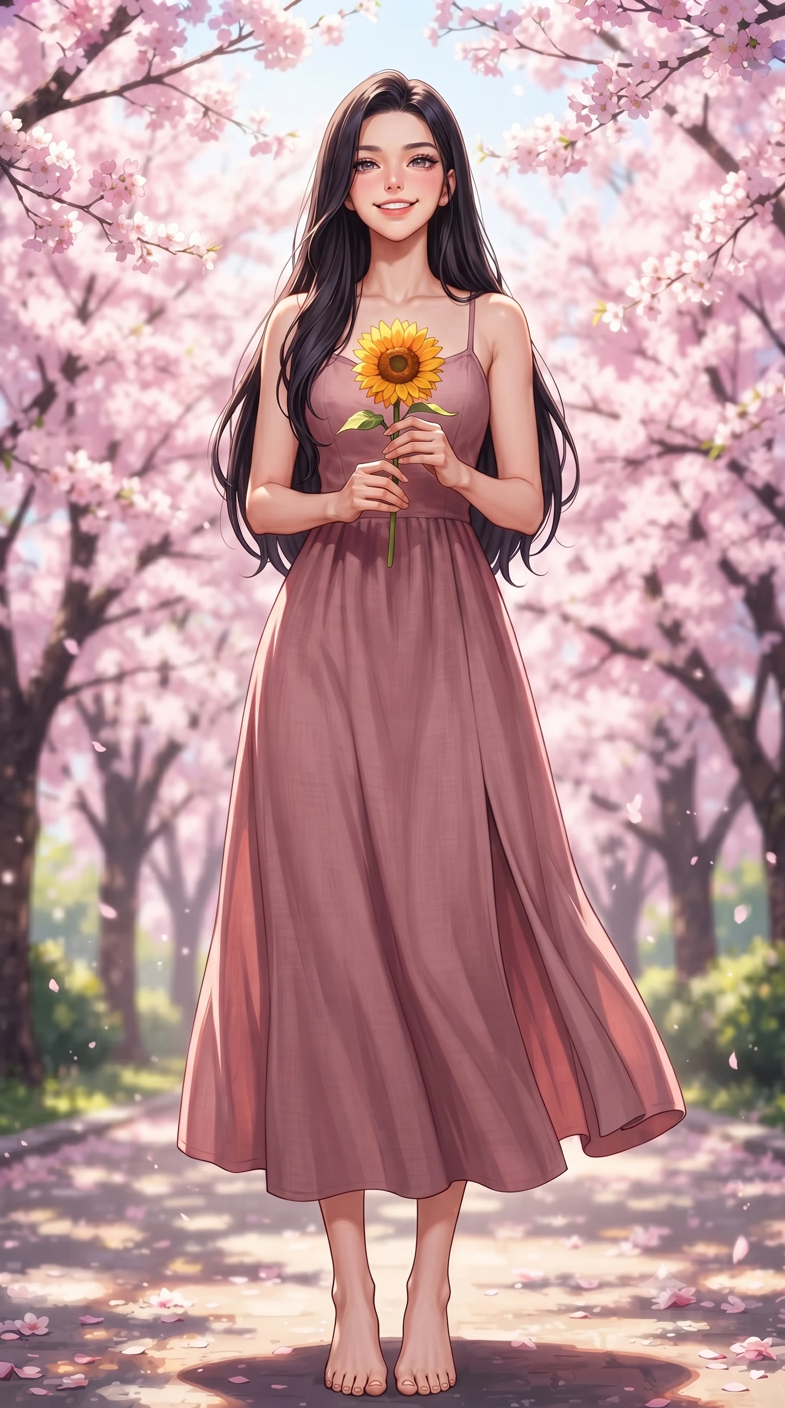 score_9, masterpiece, best quality, ultra-detailed, high-budget anime keyframe, editorial fashion photography, tasteful artistic composition, Korean woman. low angle full-body shot from head to toe showing her feet, filling the entire 9:16 vertical frame with her statuesque presence, stretching her vertical silhouette. standing in a captivating power pose, tilting her chin up with a smoldering, bright expression set against a soft-focus background of walking down a park path lined with blooming pink cherry blossom trees holding a single bright sunflower with a cheerful, sunny grin. She has an absolutely perfect, statuesque 8.5-heads proportion, an exceptionally tall and slender model-like female figure with impossibly long slender legs and an ultra-slim waist. sharp v-shaped jawline, high-bridge nose, intricate jewel-like eyes with depth, thick eyelashes, glossy lips with a natural sheen. wearing slim-fit flowy linen sundress in dusty rose, draped softly and comfortably. dappled sunlight filtering through the cherry blossom branches onto her face. highly saturated vibrant anime colors, detailed shading with soft gradients, rich glossy textures, high-contrast stereoscopic depth, volumetric dynamic lighting, master piece, 9:16 ratio