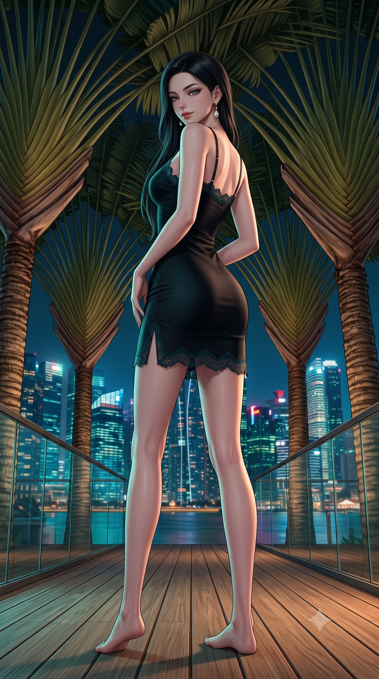 score_9, masterpiece, best quality, ultra-detailed, high-budget anime keyframe, semi-realistic 3D game render, editorial fashion photography, tasteful artistic composition, Korean woman. low angle full-body shot from head to toe showing her feet, filling the entire 9:16 vertical frame with her statuesque presence, stretching her vertical silhouette. posing with back turned slightly to the lens, glancing back with an intoxicating, dangerous smile as she arches her lower back to emphasize her sculpted feminine hips and slender waist while standing poised between towering tropical fan palms with hips cocked back, casting an enchanting bedroom-gaze over the midnight bay vista. The surrounding environment is rendered in vivid detail and crisp panoramic clarity. sharp teak boardwalk grain, palm frond structural venation, and glass parapet clarity in deep focus. She has an exceptionally tall and slender model-like 8.5-heads proportion, an ultra-slim waist, a flat toned midriff, narrow delicate ribcage, and beautifully sculpted feminine hips creating a graceful, slim hourglass silhouette without any bulky heaviness, with impossibly long slender legs. sharp v-shaped jawline, high-bridge nose, intricate jewel-like dark sparkling eyes with dangerous depth, thick curled eyelashes, glossy parted lips with a rich wine sheen, smoldering seductive half-smile with bedroom-eyes, exuding effortless superiority and intoxicating dark allure, flawlessly proportioned anatomical accuracy, strict slender model proportions, natural body alignment, perfectly sculpted long slender limbs, ultra-slim waistline, clean dynamic posture without body distortion. wearing a strappy black silk slip dress with delicate lace scallop edging along the neckline and hem in deep forest teal and dark gunmetal, tailored from fine lightweight midnight wool crepe with crisp architectural structure, accented with a single dangling baroque pearl earring reflecting the amber glow, the form-fitting cut adhering flawlessly to her sculpted flat midriff and slender torso, emphasizing her long leg lines and perfectly proportioned willowy build. bathed in vibrant metropolitan skyline neon reflections and soft warm deck ambient wash. highly saturated vibrant anime colors, detailed shading with soft gradients, rich glossy textures, high-contrast stereoscopic depth, volumetric dynamic lighting, master piece, 9:16 ratio