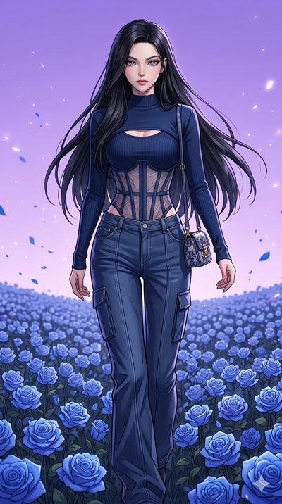 score_9, masterpiece, best quality, ultra-detailed, High-budget Anime Keyframe, beautiful Japanese anime girl. Upper body close-up from the thighs up, character filling the screen for maximum presence. Walking through a field of blue roses under a la