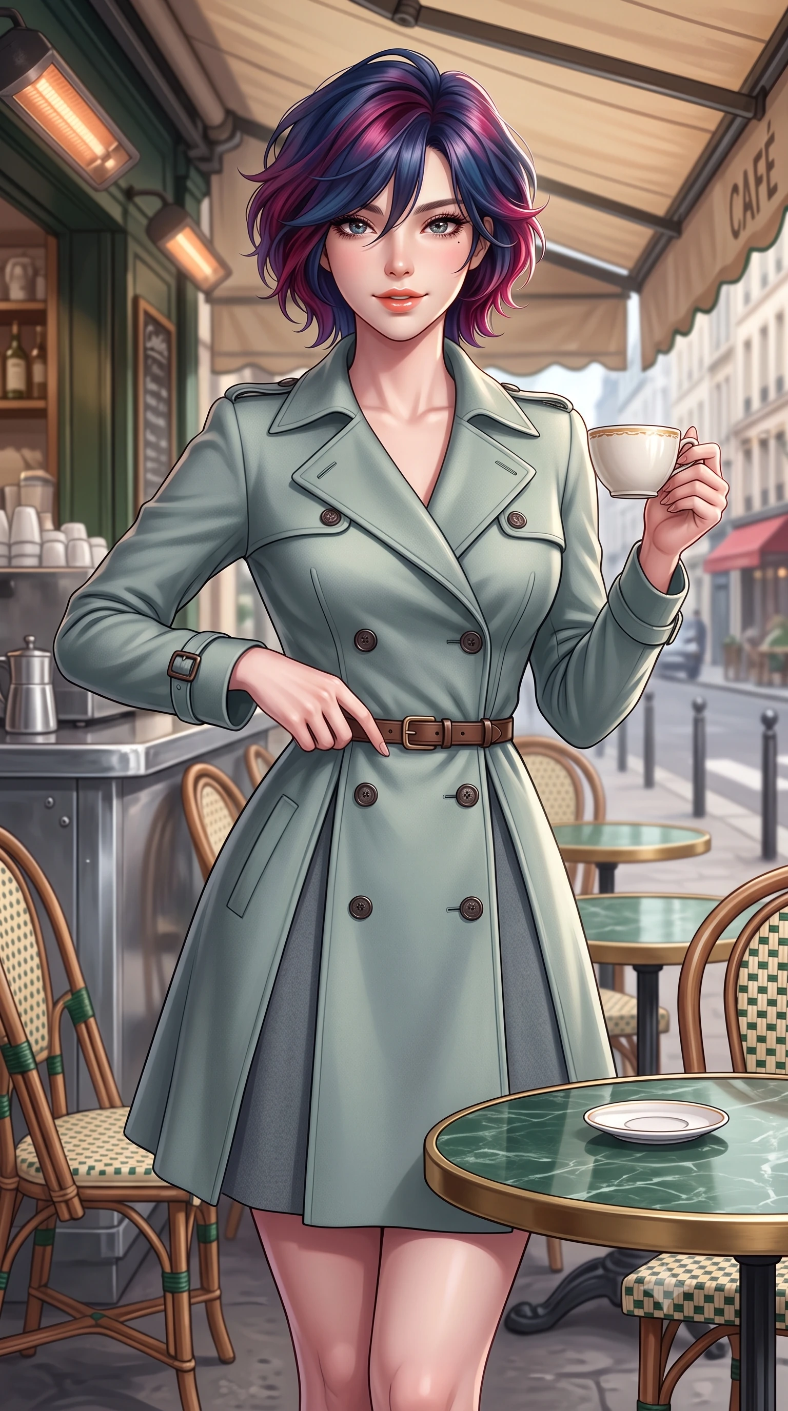 score_9, masterpiece, best quality, ultra-detailed, high-budget anime keyframe, semi-realistic 3D game render, editorial fashion photography, tasteful artistic composition, Korean woman. close-up cowboy shot from the waist and thighs up, the character dominates the composition, filling the frame with her large presence. standing poised with hips cocked slightly to the side, one hand tracing her cinched waistline while casting an affectionate warm glance while sitting poised at a round green marble bistrot table beneath the heated cafe awning, cradling a porcelain cup with a radiant French smile. The surrounding environment is rendered in vivid detail and crisp panoramic clarity: detailed silk pussy-bow blouse drape, tailored A-line wool skirt pleats, and authentic Parisian street furniture in high resolution. She has an exceptionally elegant, slender, and willowy female figure with an ultra-slim waist, flat toned midriff, narrow ribcage, and sculpted feminine hips creating an alluring, slim hourglass silhouette without bulk. sharp v-shaped jawline, high-bridge nose, intricate jewel-like sparkling eyes with depth, thick eyelashes, glossy parted lips with a natural peach sheen, bright cheerful beaming smile with an enchanting and coquettish sensual glint, exuding both youthful cute charm and seductive allure, flawlessly proportioned anatomical accuracy, strict slender model proportions, natural body alignment, perfectly sculpted long slender limbs, ultra-slim waistline, clean dynamic posture without body distortion. wearing a liquid-tight double-breasted tailored trench dress cinched firmly with a leather buckle belt to accentuate her hourglass curves in misty Arashiyama bamboo green and slate grey, made of ultra-fine Mongolian cashmere with sleek glove-like elasticity contouring her silhouette, finished with a slim equestrian bridle-leather belt cinched tightly at the narrowest point of her waist, the form-contouring silhouette accentuating her sculpted flat midriff, narrow delicate ribcage, and gracefully curvy hips with intoxicating allure. illuminated by zinc counter and marble tabletop bounce with delicate platinum rim lights sculpting her features and slender waist. highly saturated vibrant anime colors, detailed shading with soft gradients, rich glossy textures, high-contrast stereoscopic depth, volumetric dynamic lighting, master piece, 9:16 ratio