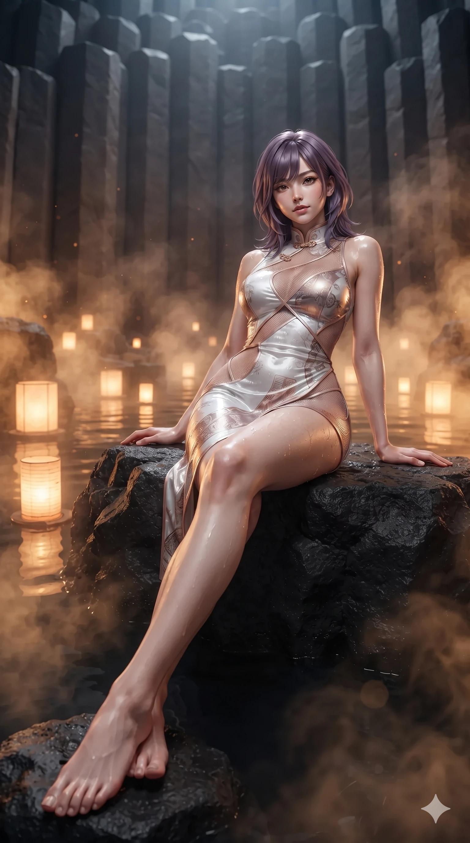 score_9, masterpiece, best quality, ultra-detailed, high-budget anime keyframe, editorial fashion photography, tasteful artistic composition, Japanese woman. low angle full-body shot from head to toe showing her feet, filling the entire 9:16 vertical frame with her statuesque presence, stretching her vertical silhouette. sitting on the black basalt rock rim of the steaming geothermal lagoon, water droplets beading on her flat midriff and curvy hips while lounging gracefully on the heated basalt spa lounger propped on one elbow with legs extended, her sculpted silhouette and flat midriff radiating magnetic nocturnal glamour. The background shows a soft-focus fluted hexagonal volcanic basalt pillars, glowing paper lanterns floating on water, and dense warm steam blurred into warm amber, honey, and charcoal bokeh. She has an exceptionally tall and slender model-like 8.5-heads proportion, an ultra-slim waist, a flat toned midriff, narrow delicate ribcage, and beautifully sculpted feminine hips creating a graceful, slim hourglass silhouette without any bulky heaviness, with impossibly long slender legs. sharp v-shaped jawline, high-bridge nose, intricate jewel-like sparkling eyes with depth, thick eyelashes, glossy parted lips with a natural sheen, intensely captivating and seductive bedroom-eyes expression, exuding both youthful cute charm and sovereign luxury allure, flawlessly proportioned anatomical accuracy, strict slender model proportions, natural body alignment, perfectly sculpted long slender limbs, ultra-slim waistline, clean dynamic posture without body distortion. wearing a wet-look silk fusion wrap dress with asymmetrical sheer mesh cutouts and high Mandarin collar in celestial porcelain white and rose-gold, woven from high-density tech-wool with subtle metallic thread weave, accented with an open-back drape framed by falling strands of delicate chrome chains, the form-contouring material adhering flawlessly to her sculpted flat midriff and slender torso, emphasizing her long leg lines and perfectly proportioned willowy build. bathed in the rich, intimate 2400K golden radiance of floating washi paper lanterns and underwater pool glow. ultra-reflective glossy finish, specular highlights, rich textural contrasts, high-contrast stereoscopic depth, volumetric dynamic lighting, 2k, ultra detail, master piece, 9:16 ratio