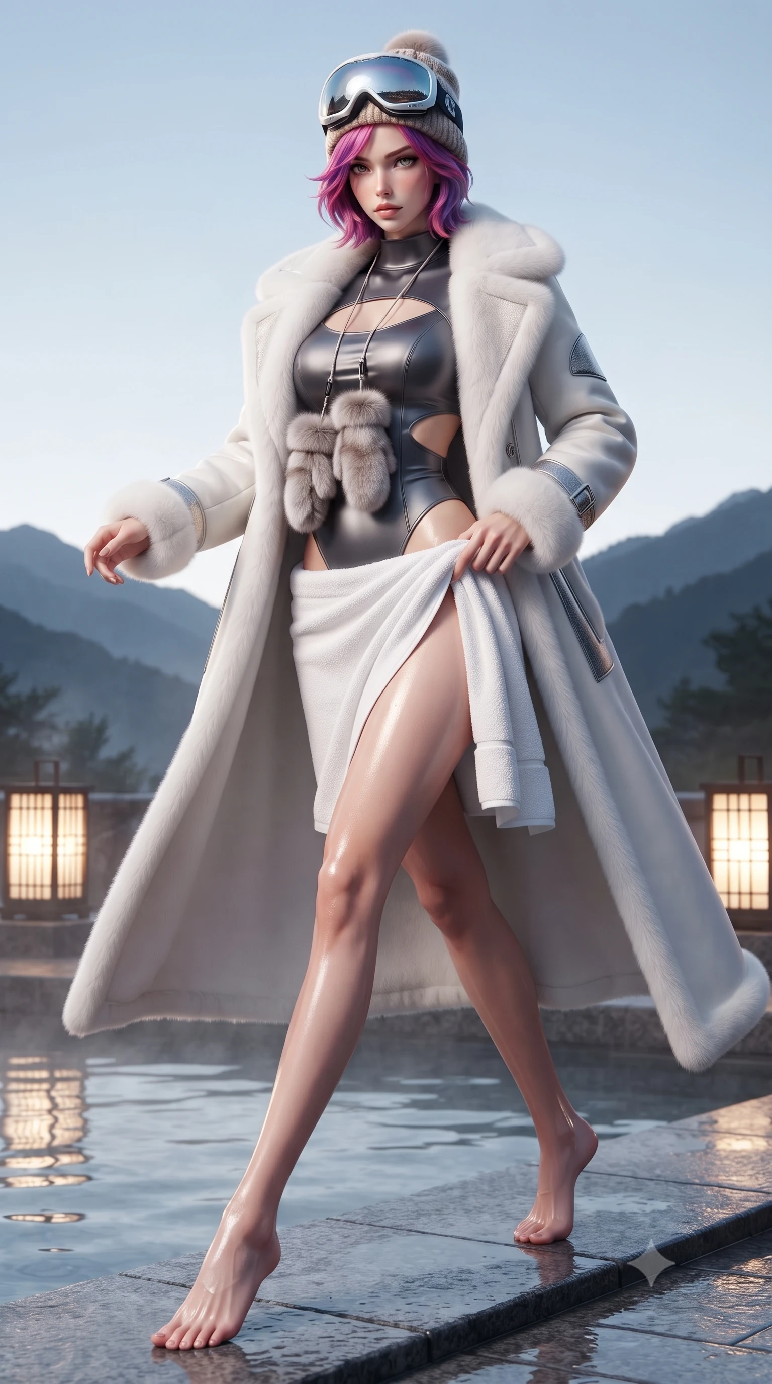 score_9, masterpiece, best quality, ultra-detailed, high-budget anime keyframe, editorial fashion photography, tasteful artistic composition, Caucasian woman. low angle full-body shot from head to toe showing her feet, filling the entire 9:16 vertical frame with her statuesque presence, stretching her vertical silhouette. pivoting dynamically with supreme athletic balance, her impossibly long slender legs and ultra-slim waist creating a mesmerizing vertical line while stepping out onto the heated stone pool deck, wrapping a plush towel around her waist with effortless supermodel poise. The surrounding environment is rendered in vivid detail and crisp panoramic clarity. detailed mountain ridge silhouettes, glowing lantern lattice, and wet skin highlights in high clarity. She has an absolutely perfect, statuesque 8.5-heads proportion, an exceptionally tall and slender model-like female figure with impossibly long slender legs, a toned flat midriff, and an ultra-slim waist. sharp v-shaped jawline, high-bridge nose, intricate jewel-like eyes with depth, thick eyelashes, glossy parted lips with a natural sheen, intensely captivating and seductive expression, flawlessly proportioned anatomical accuracy, strict slender model proportions, natural body alignment, perfectly sculpted long slender limbs, ultra-slim waistline, clean dynamic posture without body distortion. wearing a luxurious satin thermal leotard layered under a sweeping floor-length white shearling coat in metallic titanium and arctic fox white, tailored from water-resistant ski-tech stretch gabardine with fleece lining, accessorized with mirrored ice-glare goggles resting on her beanie and fur mittens, the precision-cut daring openings accentuating her delicate midriff, graceful bare collarbones, and ultra-slim feminine waistline. surrounded by an intimate, tranquil, and deeply sensual mountain onsen muse aura. ultra-reflective glossy finish, specular highlights, rich textural contrasts, high-contrast stereoscopic depth, volumetric dynamic lighting, 2k, ultra detail, master piece, 9:16 ratio
