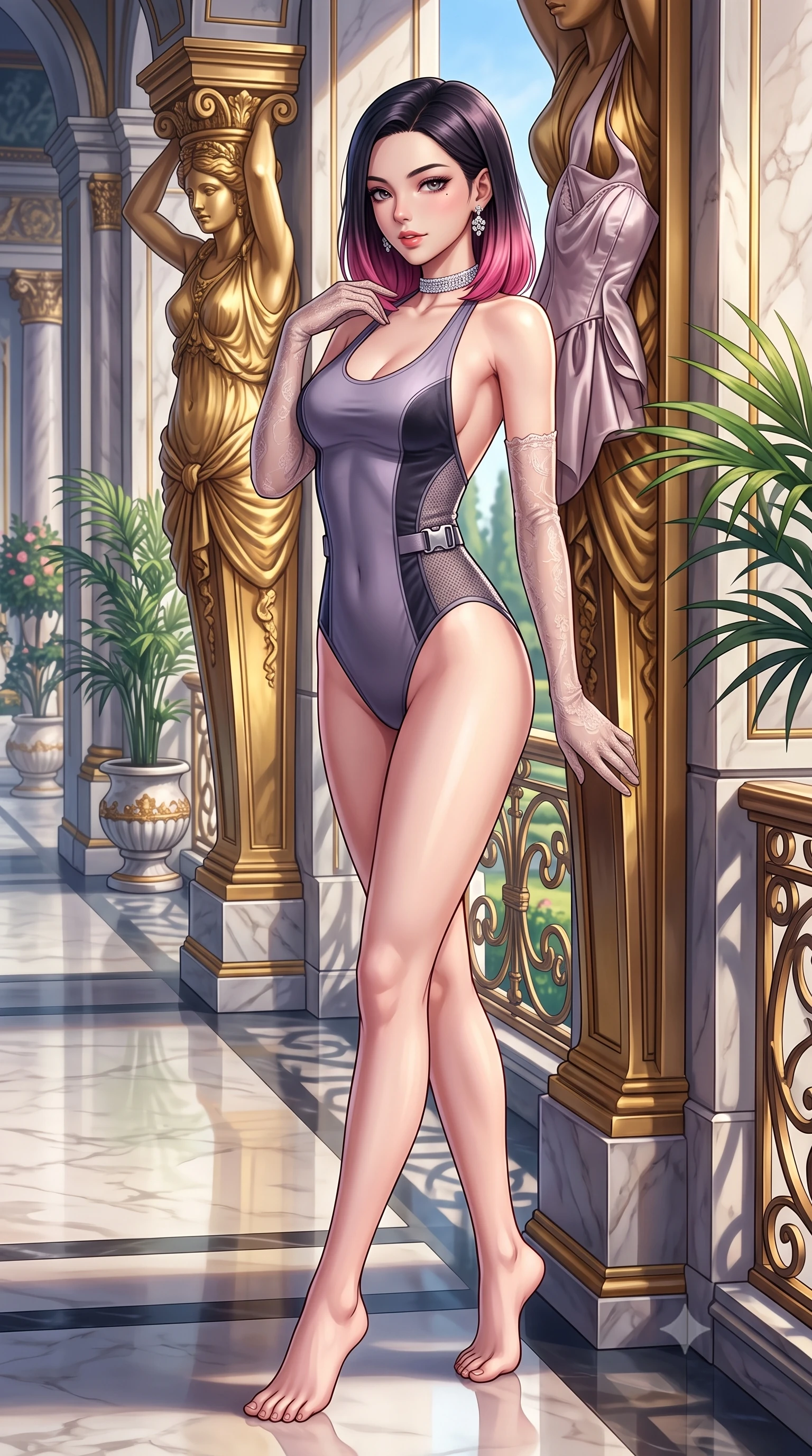 score_9, masterpiece, best quality, ultra-detailed, high-budget anime keyframe, semi-realistic 3D game render, editorial fashion photography, tasteful artistic composition, Korean woman. low angle full-body shot from head to toe showing her feet, filling the entire 9:16 vertical frame with her statuesque presence, stretching her vertical silhouette. walking along the terrace with poise, looking back over her bare shoulder with an irresistible smoldering bedroom-gaze while leaning against a gilded caryatid column with hips cocked back, looking over a bare shoulder with an irresistible bedroom-gaze. The surrounding environment is rendered in vivid detail and crisp panoramic clarity: detailed silk satin ballet bodice drape, diamond choker shine, and magnificent salon craftsmanship in high resolution. She has an absolutely perfect, statuesque 8.5-heads proportion, an exceptionally tall and slender model-like female figure with impossibly long slender legs, an ultra-slim waist, a flat toned midriff, narrow delicate ribcage, and beautifully sculpted feminine hips creating a graceful, slim hourglass silhouette without any bulky heaviness. sharp v-shaped jawline, high-bridge nose, sparkling eyes with hypnotic seductive depth, thick curled eyelashes, glossy parted lips with a natural dewy peach sheen, alluring bedroom-eyes with an enchanting coquettish smile, exuding magnetic siren charisma and sophisticated glamour, flawlessly proportioned anatomical accuracy, strict slender model proportions, natural body alignment, perfectly sculpted long slender limbs, ultra-slim waistline, clean dynamic posture without body distortion. wearing a slinky backless halterneck tactical leotard with micro-ripstop side panels and quick-release chrome buckles in dusky lavender mist and dark charcoal velvet, made of semi-opaque stretch illusion mesh with soft shadowy contours, complemented by sheer opera-length lace evening gloves tracing her slender arms, the liquid-tight tailored fabric clinging flawlessly to her narrow waist and rounded feminine hips, emphasizing every millimeter of her sculpted slim hourglass curves without any bulky heaviness. illuminated by polished floor bounce and sharp warm-gold rim lights sculpting her jawline, narrow waist, and curvy hips. highly saturated vibrant anime colors, detailed shading with soft gradients, rich glossy textures, high-contrast stereoscopic depth, volumetric dynamic lighting, master piece, 9:16 ratio