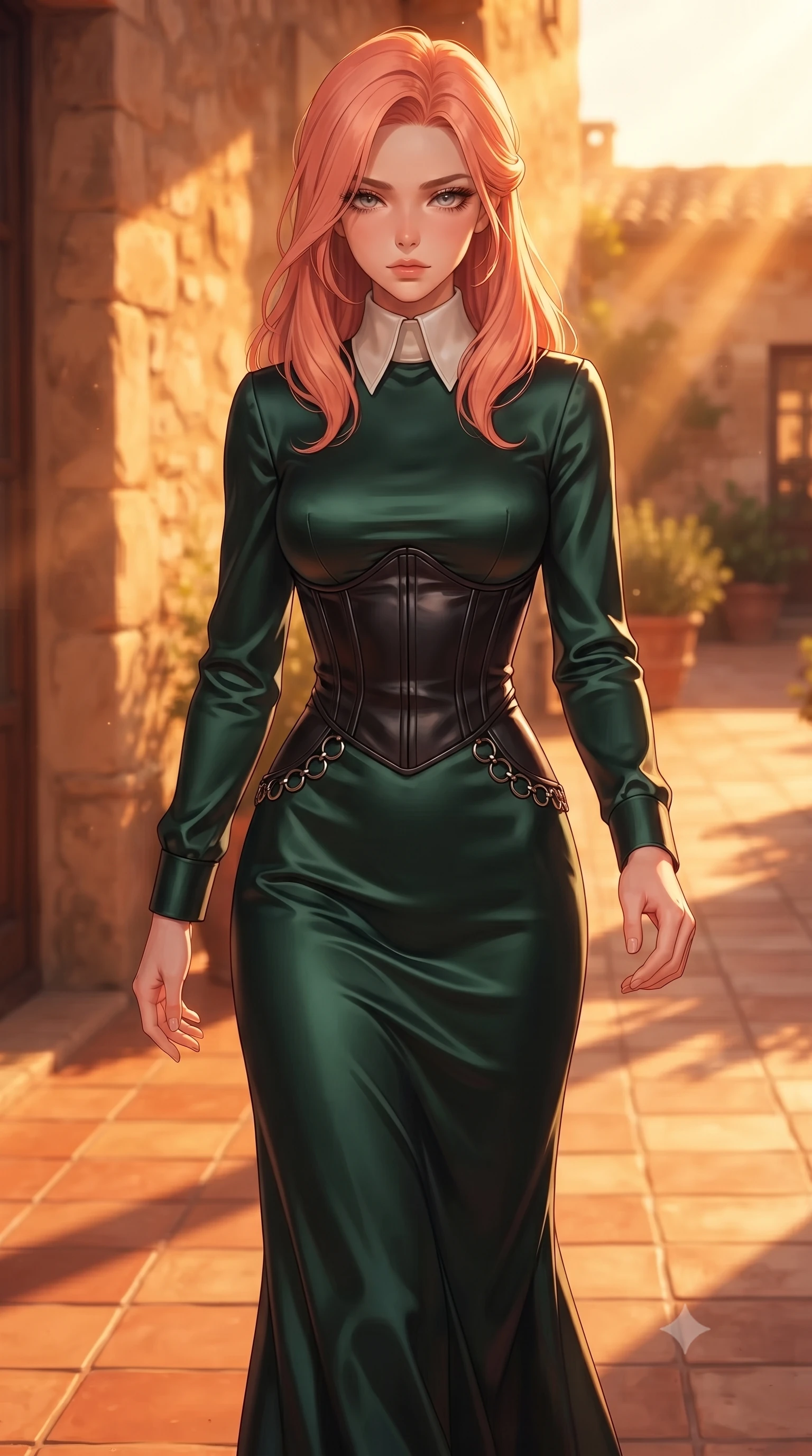 score_9, masterpiece, best quality, ultra-detailed, high-budget anime keyframe, editorial fashion photography, tasteful artistic composition, Japanese woman. close-up cowboy shot from the waist and thighs up, the character dominates the composition, filling the frame with her large presence, background elements kept in soft focus. Casting a slow, direct gaze beneath heavy lashes with quiet intensity, walking across a warm terracotta tile floor drenched in warm evening sun, intense golden-hour sunbeams casting warm amber light across her skin. She has an exceptionally elegant, slender, and willowy female figure with an ultra-slim waist, a gracefully sculpted slender torso, and a refined silhouette. sharp v-shaped jawline, high-bridge nose, intricate jewel-like eyes with depth, thick eyelashes, glossy lips with a natural sheen. wearing long-sleeved dark emerald satin gown with high structured collar in pearl white, made of polished black leather, trimmed with dark chrome ring hardware along the waist contours, accentuating her gracefully sculpted slender torso. illuminated by rich amber daylight and warm fill light from stone walls. highly saturated vibrant anime colors, detailed shading with soft gradients, rich glossy textures, high-contrast stereoscopic depth, volumetric dynamic lighting, master piece, 9:16 ratio