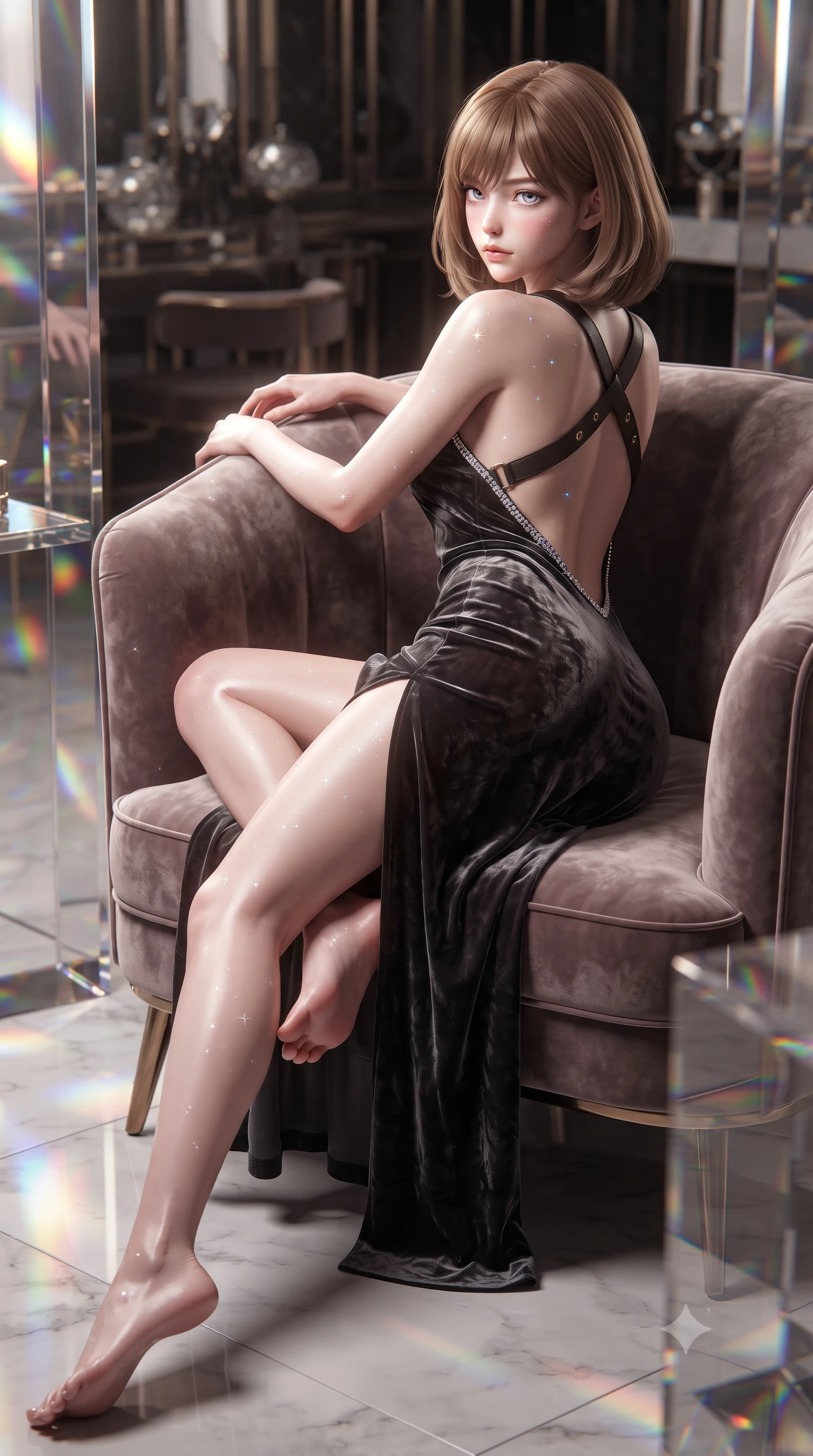 score_9, masterpiece, best quality, ultra-detailed, high-budget anime keyframe, editorial fashion photography, tasteful artistic composition, Caucasian woman. low angle full-body shot from head to toe showing her feet, filling the entire 9:16 vertical frame with her statuesque presence, stretching her vertical silhouette. reclining on her side in an elegant Cleopatra pose with one knee drawn up, the dramatic contour of her rounded hips and long slender legs commanding the 9:16 vertical frame while reclining languidly on a velvet armchair in the private showroom, her long slender legs and narrow waist highlighted by crystal glass refractions. The surrounding environment is rendered in vivid detail and crisp panoramic clarity. detailed metallic silk dress sheen, prism glass sparkle points on skin, and canal reflection clarity in high resolution. She has an exceptionally tall and slender model-like 8.5-heads proportion, an ultra-slim waist, a flat toned midriff, narrow delicate ribcage, and beautifully sculpted feminine hips creating a graceful, slim hourglass silhouette without any bulky heaviness, with impossibly long slender legs. sharp v-shaped jawline, high-bridge nose, intricate jewel-like eyes with depth, thick eyelashes, glossy parted lips with a natural sheen, intensely captivating and seductive bedroom-eyes expression, flawlessly proportioned anatomical accuracy, strict slender model proportions, natural body alignment, perfectly sculpted long slender limbs, ultra-slim waistline, clean dynamic posture without body distortion. wearing a delicate semi-translucent silk yukata that clings to her wet skin and curvy hip contours in pitch-black velvet with diamond crystal trim, crafted from heavyweight crushed silk velvet with liquid vintage luster, featuring an open-back criss-cross harness strap in dark leather, the dramatically scooped open back descending to the base of her spine, accentuating her razor-sharp statuesque lines and slim hourglass silhouette. illuminated by dazzling rainbow crystal caustics sculpting her razor-sharp jawline, narrow waist, and curvy hips. ultra-reflective glossy finish, specular highlights, rich textural contrasts, high-contrast stereoscopic depth, volumetric dynamic lighting, 2k, ultra detail, master piece, 9:16 ratio