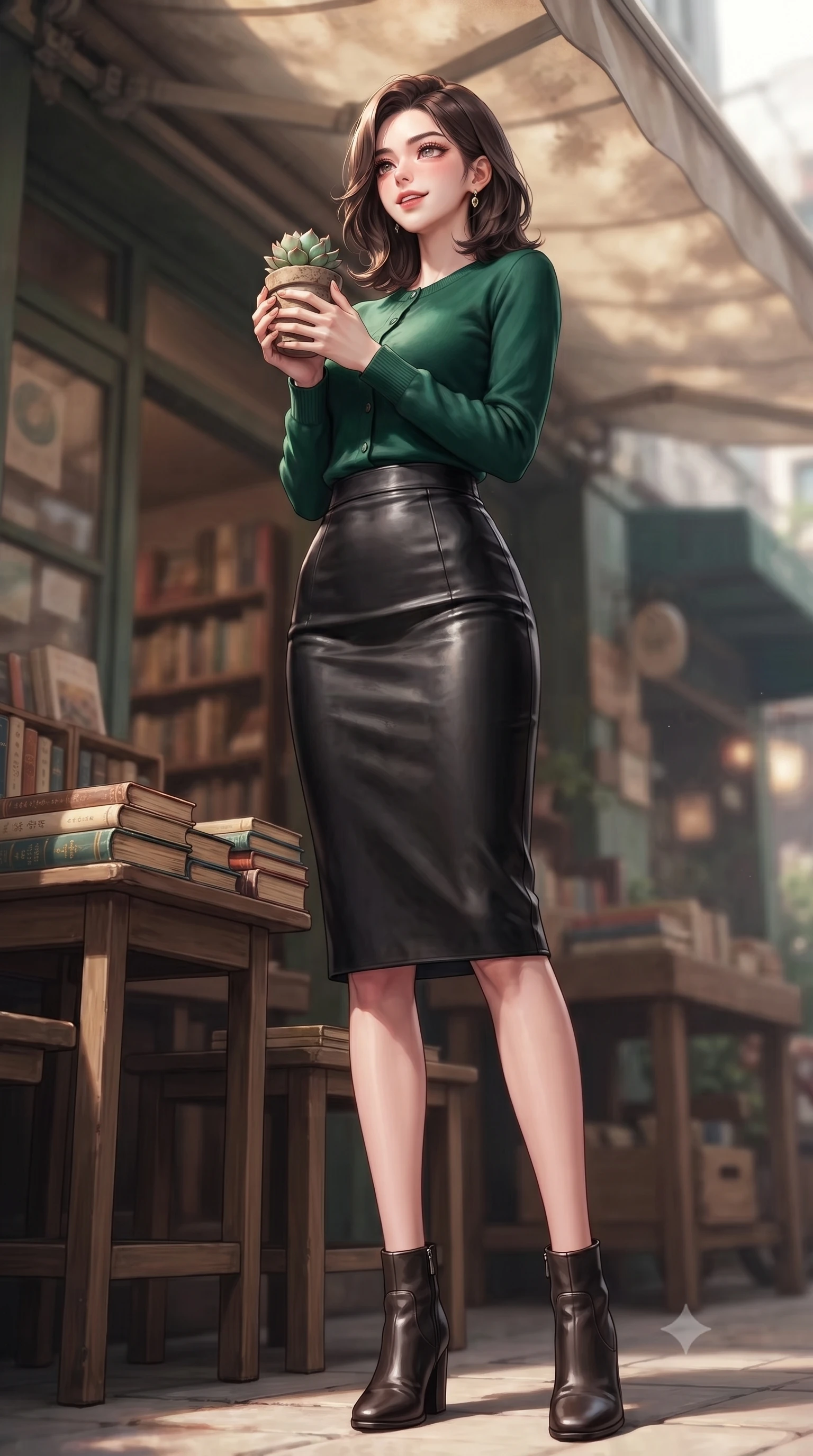 score_9, masterpiece, best quality, ultra-detailed, high-budget anime keyframe, editorial fashion photography, tasteful artistic composition, Korean woman. low angle full-body shot from head to toe showing her feet, filling the entire 9:16 vertical frame with her statuesque presence, stretching her vertical silhouette. standing in a captivating power pose, tilting her chin up with a smoldering, bright expression set against a soft-focus background of outside a small corner bookstore with wooden tables displaying old novels holding a small potted succulent with a delighted, cute expression. She has an absolutely perfect, statuesque 8.5-heads proportion, an exceptionally tall and slender model-like female figure with impossibly long slender legs and an ultra-slim waist. sharp v-shaped jawline, high-bridge nose, intricate jewel-like eyes with depth, thick eyelashes, glossy lips with a natural sheen. wearing slim-fit tight-fitting cashmere cardigan closed, paired with a sleek leather midi skirt. soft diffused daylight creating a warm, cozy and nostalgic atmosphere. highly saturated vibrant anime colors, detailed shading with soft gradients, rich glossy textures, high-contrast stereoscopic depth, volumetric dynamic lighting, master piece, 9:16 ratio
