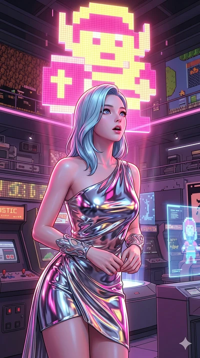 score_9, masterpiece, best quality, ultra-detailed, high-budget anime keyframe, semi-realistic 3D game render, Korean woman. Upper body close-up from the thighs up, character filling the screen for maximum presence. Inside a virtual reality museum of