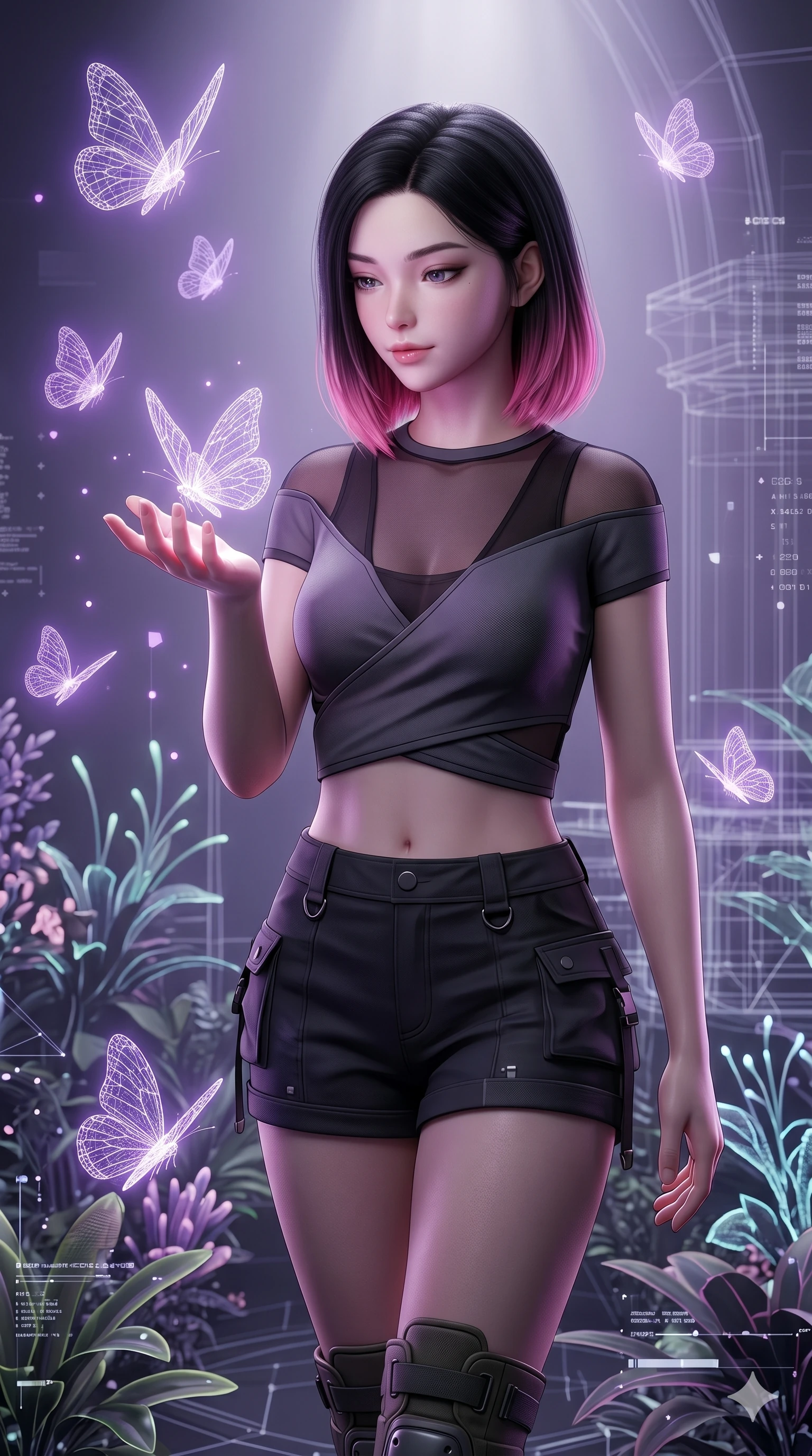 score_9, masterpiece, best quality, ultra-detailed, high-budget anime keyframe, semi-realistic 3D game render, Korean woman. Upper body close-up from the thighs up, character filling the screen for maximum presence. Inside a virtual reality garden with floating wireframe butterflies, observing a butterfly on her hand with a gentle, serene expression. She is wearing a cropped wrap top with sheer panels, utility shorts, and boots. The scene is bathed in the soft purple glow of the butterflies and a white key light. 2k, ultra detail, master piece, 9:16 ratio