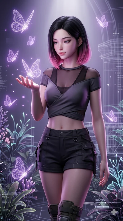 score_9, masterpiece, best quality, ultra-detailed, high-budget anime keyframe, semi-realistic 3D game render, Korean woman. Upper body close-up from the thighs up, character filling the screen for maximum presence. Inside a virtual reality garden wi