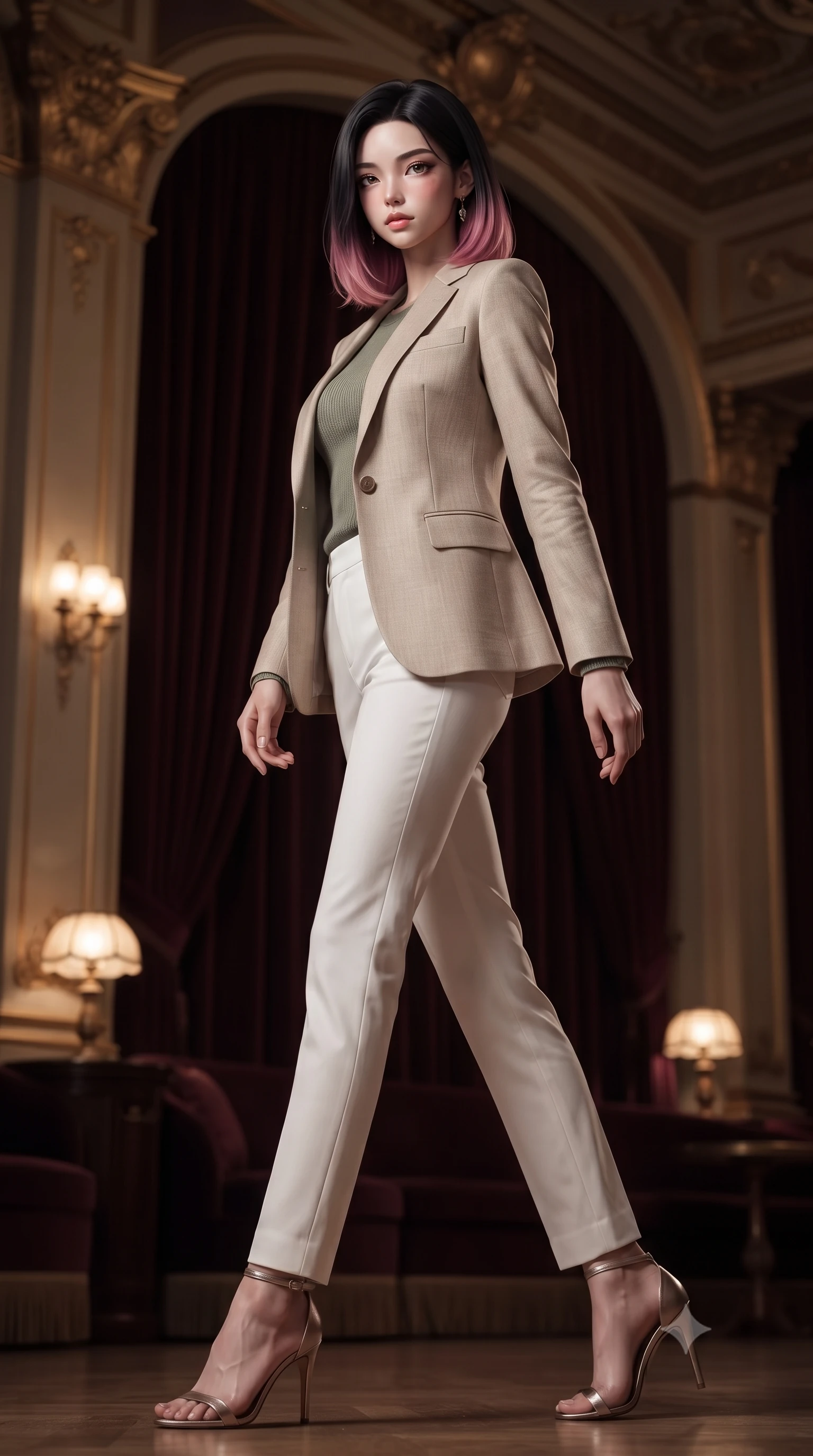 score_9, masterpiece, best quality, ultra-detailed, high-budget anime keyframe, editorial fashion photography, tasteful artistic composition, Korean woman. low angle full-body shot from head to toe showing her feet, filling the entire 9:16 vertical frame with her statuesque presence, stretching her vertical silhouette. stepping gracefully while looking back over her shoulder, her dress draped tightly to reveal her silhouette the background shows a soft-focus a velvet-lined lounge corner inside a historic opera house theater foyer. She has an absolutely perfect, statuesque 8.5-heads proportion, an exceptionally tall and slender model-like female figure with impossibly long slender legs and an ultra-slim waist. sharp v-shaped jawline, high-bridge nose, intricate jewel-like eyes with depth, thick eyelashes, glossy lips with a natural sheen. wearing a body-hugging tailored beige linen blazer over a sage green knit top and white trousers. low-contrast warm ambient glow creating a calm and mysterious mood. ultra-reflective glossy finish, specular highlights, metallic sheen, high-contrast stereoscopic depth, volumetric dynamic lighting, 2k, ultra detail, master piece, 9:16 ratio