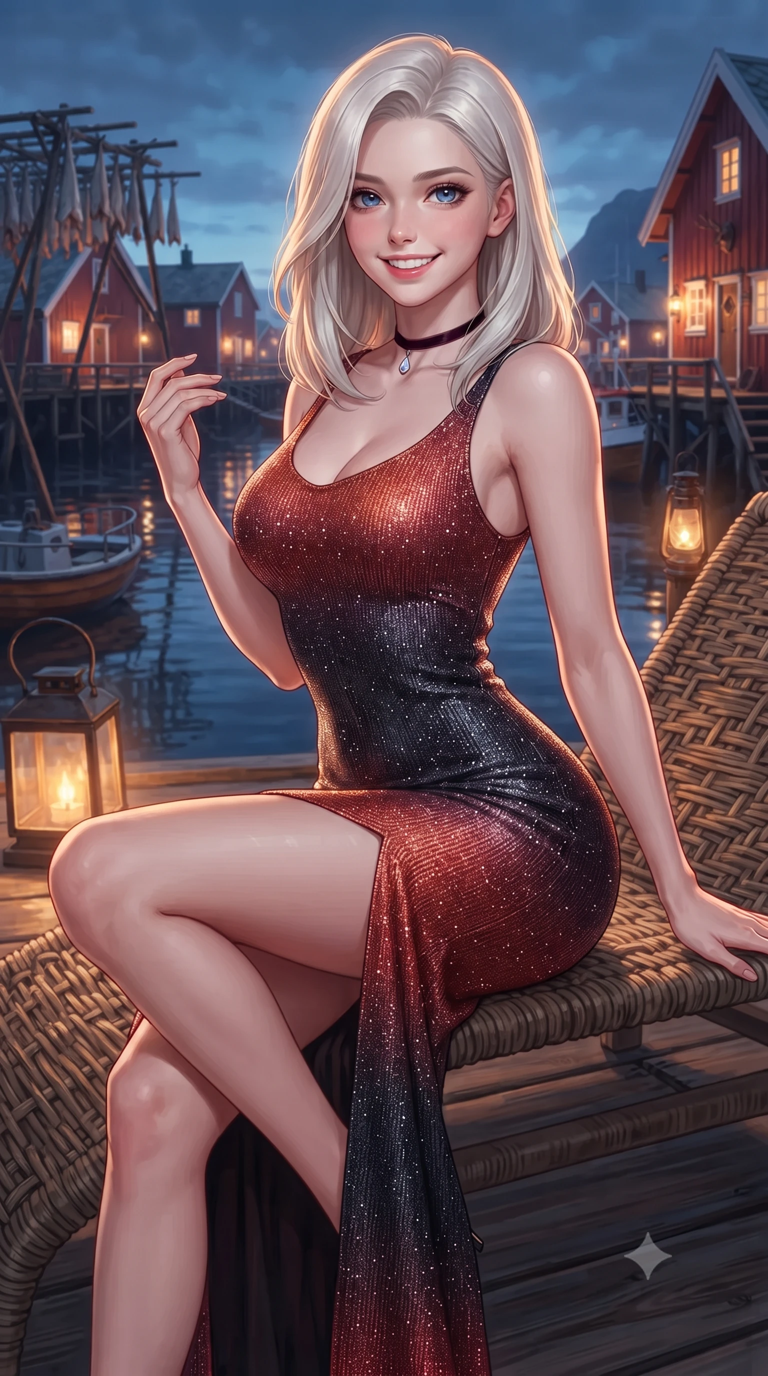 score_9, masterpiece, best quality, ultra-detailed, high-budget anime keyframe, editorial fashion photography, tasteful artistic composition, Caucasian woman. close-up cowboy shot from the waist and thighs up, the character dominates the composition, filling the frame with her large presence. perched sideways on the lounge seat, one knee drawn up to showcase her slender leg line while her arched back accentuates her feminine hip curve while twisting her slender torso in an alluring S-curve beside the drying cod racks, warm lantern light caressing her narrow waist and curvy hips. The surrounding environment is rendered in vivid detail and crisp panoramic clarity: detailed garment cut, fine fabric drape, and UNESCO heritage wooden craft in high resolution. She has an exceptionally elegant, slender, and willowy female figure with an ultra-slim waist, flat toned midriff, narrow ribcage, and sculpted feminine hips creating an alluring, slim hourglass silhouette without bulk. sharp v-shaped jawline, high-bridge nose, intricate jewel-like sparkling eyes with depth, thick eyelashes, glossy parted lips with a natural peach sheen, bright cheerful beaming smile with an enchanting and coquettish sensual glint, exuding both youthful cute charm and seductive allure, flawlessly proportioned anatomical accuracy, strict slender model proportions, natural body alignment, perfectly sculpted long slender limbs, ultra-slim waistline, clean dynamic posture without body distortion. wearing a body-contouring metallic lurex knit column dress casting radiant starlight shimmer across her flat midriff and curves in Reinefjorden rorbu vermilion red and obsidian granite, made of fluid liquid jersey with seamless sculpting hold and smooth contours, finished with a thin velvet ribbon choker and a single teardrop diamond pendant, the impeccably tailored cut draping gracefully along her slender figure with aristocratic poise. illuminated by harbor water reflection fill and sharp amber-platinum rim lights defining her razor-sharp jawline, narrow waist, and curvy hips. ultra-reflective glossy finish, specular highlights, rich textural contrasts, high-contrast stereoscopic depth, volumetric dynamic lighting, 2k, ultra detail, master piece, 9:16 ratio