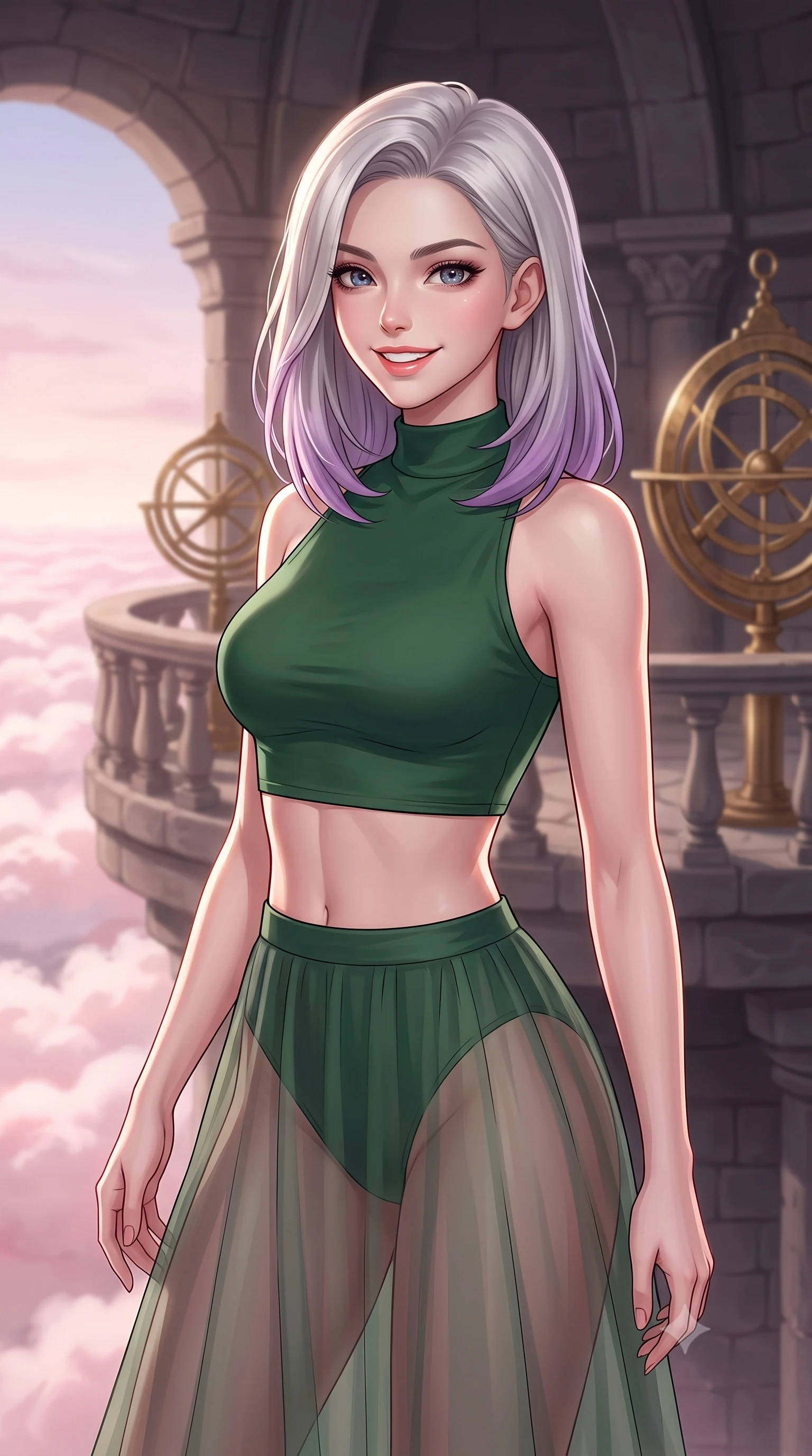 score_9, masterpiece, best quality, ultra-detailed, high-budget anime keyframe, editorial fashion photography, tasteful artistic composition, Caucasian woman, strictly human ears. close-up cowboy shot from the waist and thighs up, the character dominates the composition, filling the frame with her large presence, background elements kept in soft focus. Casting a bright, energetic glance toward the camera with a cheerful grin. set against a soft-focus background of standing on the balcony of an ancient stone observatory with rotating brass astrolabes, looking out over a sea of pink-tinted clouds. She has an exceptionally elegant, slender, and willowy female figure with a highly-defined ultra-slim waist, a gracefully sculpted slender torso, and a refined slim-fit silhouette that contours her form. sharp v-shaped jawline, high-bridge nose, intricate jewel-like eyes with depth, thick eyelashes, glossy lips with a natural sheen. wearing a high-neck crop top in forest green paired with a skirt featuring a sheer chiffon overlay revealing her legs. soft glowing ambient light with sharp side key light tracing the sleek contours of her figure. 2k, ultra detail, master piece, 9:16 ratio