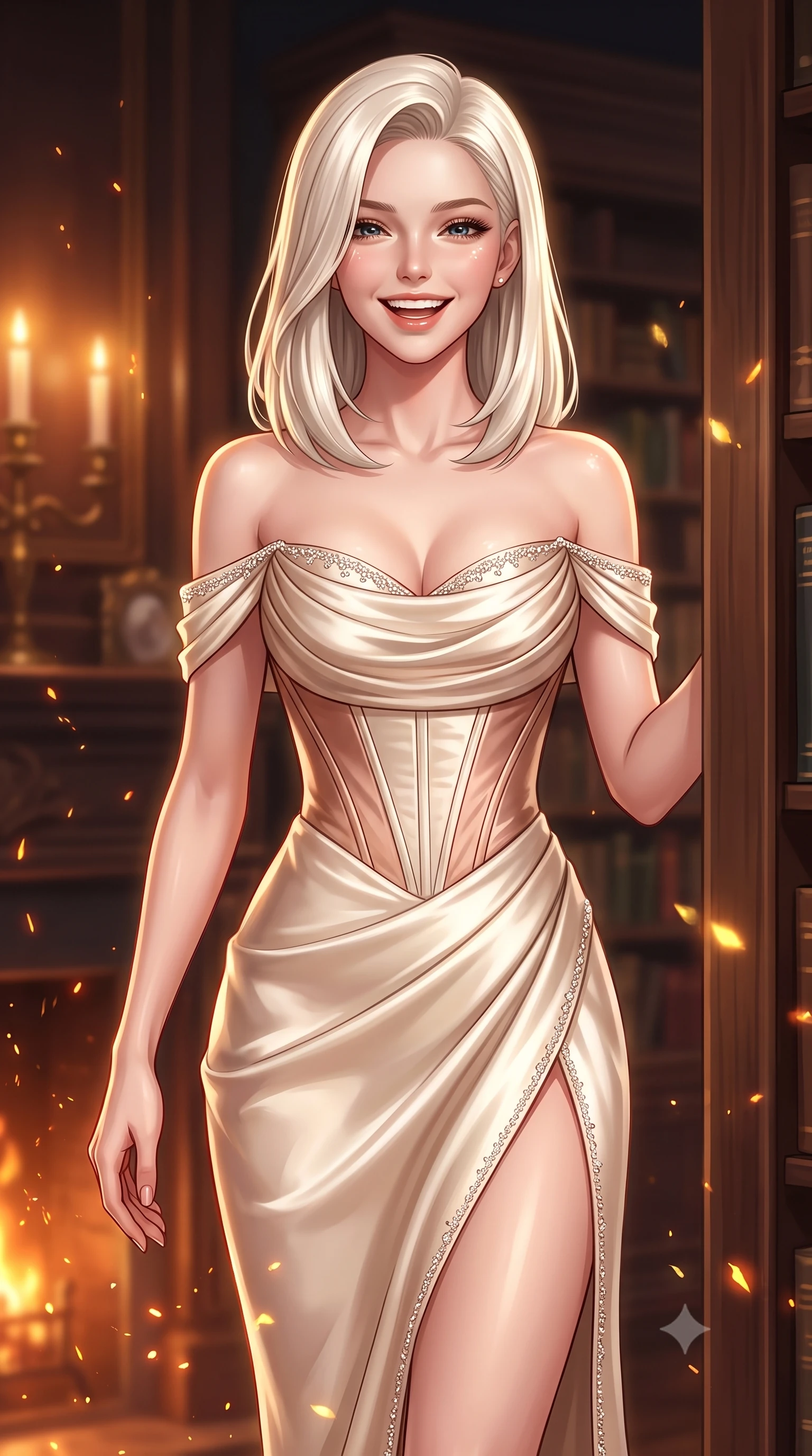 score_9, masterpiece, best quality, ultra-detailed, high-budget anime keyframe, semi-realistic 3D game render, editorial fashion photography, tasteful artistic composition, Caucasian woman. close-up cowboy shot from the waist and thighs up, the character dominates the composition, filling the frame with her large presence. laughing softly with genuine, enchanting warmth, eyes crinkling sweetly as specular highlights illuminate her cheeks while slipping through a secret revolving bookcase door from the grand library with sovereign stealth and fluid grace. The composition keeps background elements in soft focus with creamy bokeh. flickering fireplace sparks and gold leaf mask reflections scattering warm radiant light motes. She has an exceptionally elegant, slender, and willowy female figure with an ultra-slim waist, a gracefully sculpted slender torso, toned flat midriff, and a refined slim silhouette. sharp v-shaped jawline, high-bridge nose, intricate jewel-like eyes with depth, thick eyelashes, glossy lips with a natural sheen, captivating and magnetic expression, flawlessly proportioned anatomical accuracy, strict slender model proportions, natural body alignment, perfectly sculpted long slender limbs, ultra-slim waistline, clean dynamic posture without body distortion. wearing a statuesque off-shoulder champagne satin gala dress featuring a thigh-high side slit and draped corset bodice in champagne ivory and rose gold, tailored from ultra-smooth duchess satin with a pearlescent sheen, finished with delicate crystal embroidery along the neckline and hem edition #20, the liquid-tight tailored fabric emphasizing every curve of her tall, slender model proportions and sculptured silhouette during dynamic movement. bathed in romantic warm candelabra glow and dramatic fireplace ember uplights. highly saturated vibrant anime colors, detailed shading with soft gradients, rich glossy textures, high-contrast stereoscopic depth, volumetric dynamic lighting, master piece, 9:16 ratio