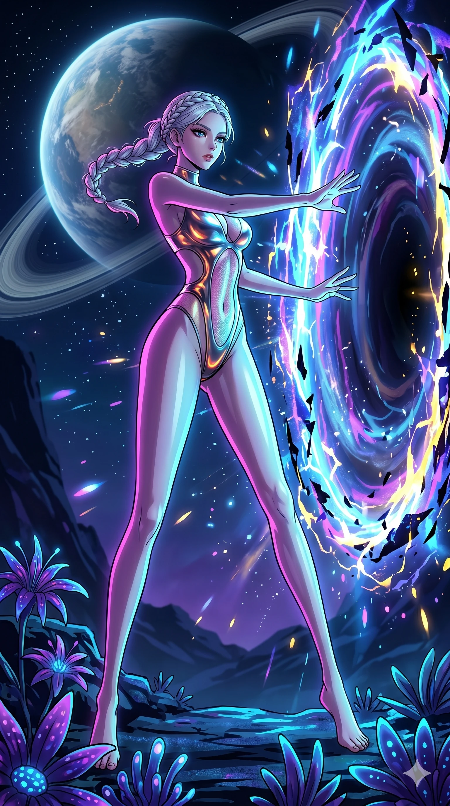 score_9, masterpiece, best quality, ultra-detailed, High-budget Anime Keyframe, vibrant colors, fluid line-art, expressive lighting, cinematic composition, Ufotable-style visual effects, top-tier animation quality, Korean woman with idol-like refined features. Cinematic low angle perspective showcasing her towering height and perfect 8-heads proportion. Summoning a swirling portal to another dimension with her bare hands, the edges of the rift crackling with unstable energy. She has an absolutely perfect 8-heads proportion, an exceptionally tall and slender female figure with impossibly long slender legs and an ultra-slim waist, her statuesque height and towering silhouette dominating the vertical 9:16 frame. Her face is a masterpiece featuring a sharp v-shaped jawline, high-bridge nose, intricate jewel-like eyes with depth, thick eyelashes, and glossy lips with a natural sheen. She is wearing a Molten metal-look bodysuit with daring cut-outs and a high-cut silhouette crafted from Fluorescent mesh that glows brightly under neon light, highlighting her silhouette, with sheer fabric transparency over her delicate curves and a high-cut silhouette. The scene is set in a mysterious alien planet with bioluminescent purple flora and a giant ringed planet in the sky, illuminated by harsh neon light and deep shadows creating a high-contrast noir aesthetic. 2k, ultra detail, master piece, 9:16 ratio